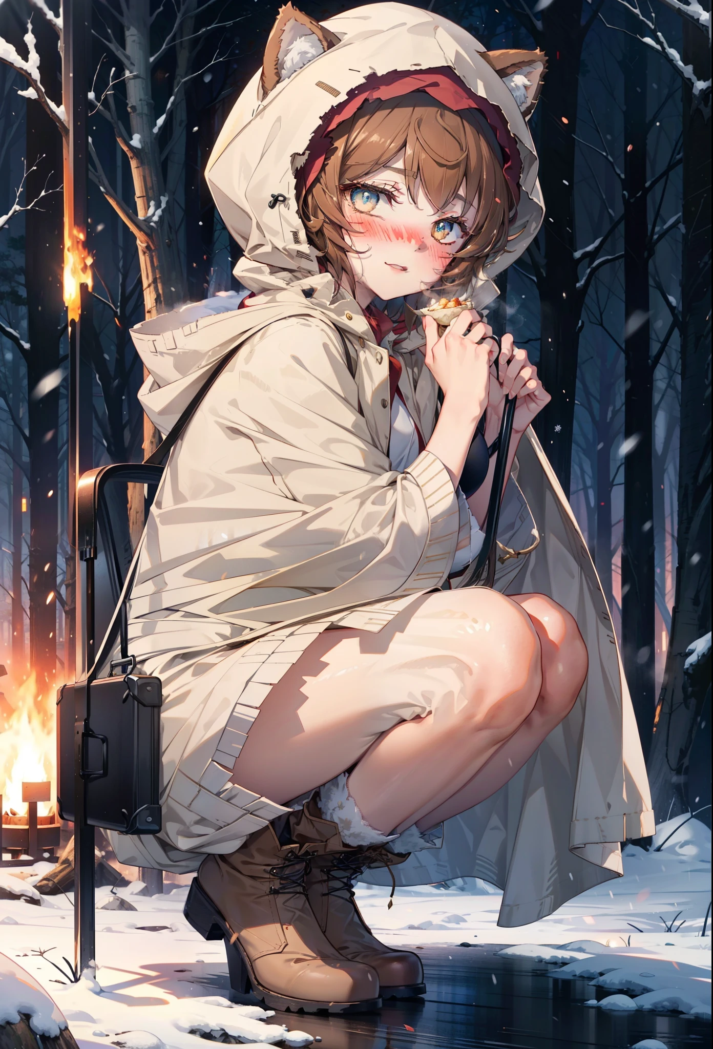 Liliru Card, Liliruca gets burned, Animal ears, (Brown eyes:1.7), Brown Hair, (Flat Chest:1.2), short hair,smile,blush,White Breath,
Open your mouth,snow,Ground bonfire, Outdoor, boots, snowing, From the side, wood, suitcase, Cape, Blurred, having meal, forest, White handbag, nature,  Squat, Mouth closed, Cape, winter, Written boundary depth, Black shoes, red Cape break looking at viewer, Upper Body, whole body, break Outdoor, forest, nature, break (masterpiece:1.2), highest quality, High resolution, unity 8k wallpaper, (shape:0.8), (Beautiful and beautiful eyes:1.6), Highly detailed face, Perfect lighting, Highly detailed CG, (Perfect hands, Perfect Anatomy),