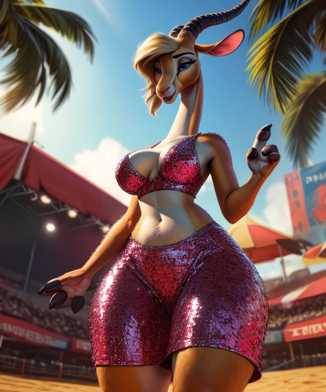 (by pixelsketcher:0.6), (by personalami :0.6), solo, female, gazelle (zootopia), detailed background, (cinematic lighting:1.1), (perfect focus:1.1), 8k hd, photo, (detailed eyes:1.2),depth of field, bokeh, subsurface scattering, wide angle, bright colors, (furry detail:1.3),detailed background,realistic, photorealistic, ultra realistic, Beach, sea, oceanic landscape, island,beautiful day,(short tail),(fluffy:1.3), (realistic fur:1.1), (extreme fur detail:1.2),sexy pose, blonde hair, big breasts, midriff, shiny red sequin dress, self groping breasts, over a concert platform