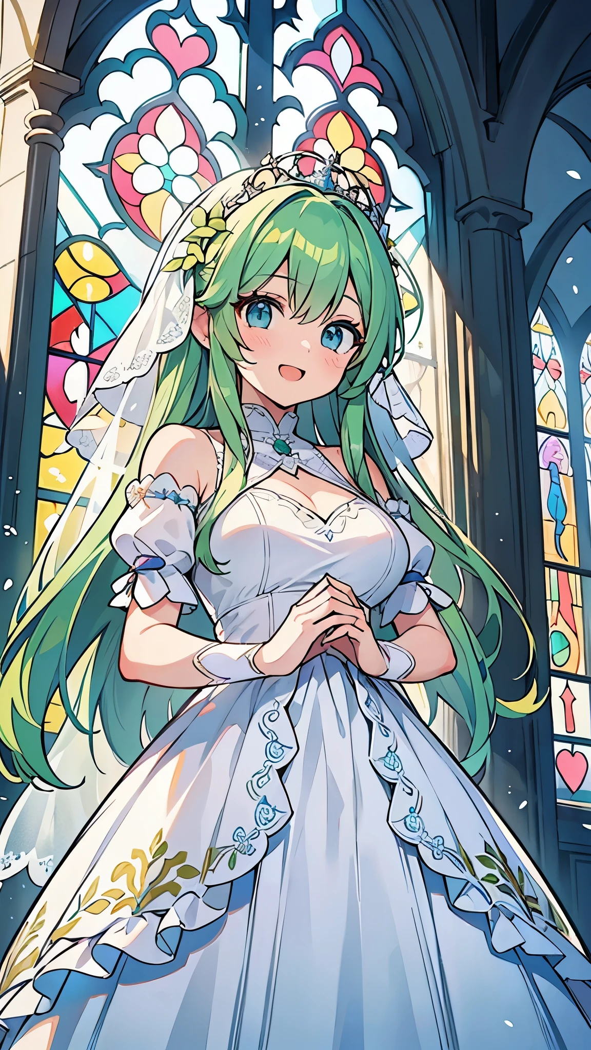 ((A Pretty girl with green hair and blue eyes)), ((wearing the white wedding dress)), Baby face, ((top-quality, master piece, ultra-definition, high resolution)), anime girl, ((ultra-detailed illust:1.2)), only one person, bangs, hair between eye, beautiful hair, Beautiful eyes, medium breast, Big smile, opened mouth, in front of the stained glass windows of the church