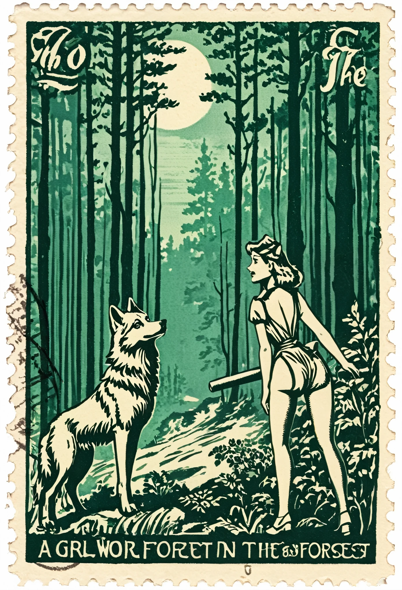 ephemera, label, retro, Vintage, stamp, A girl and a wolf meet in the forest,