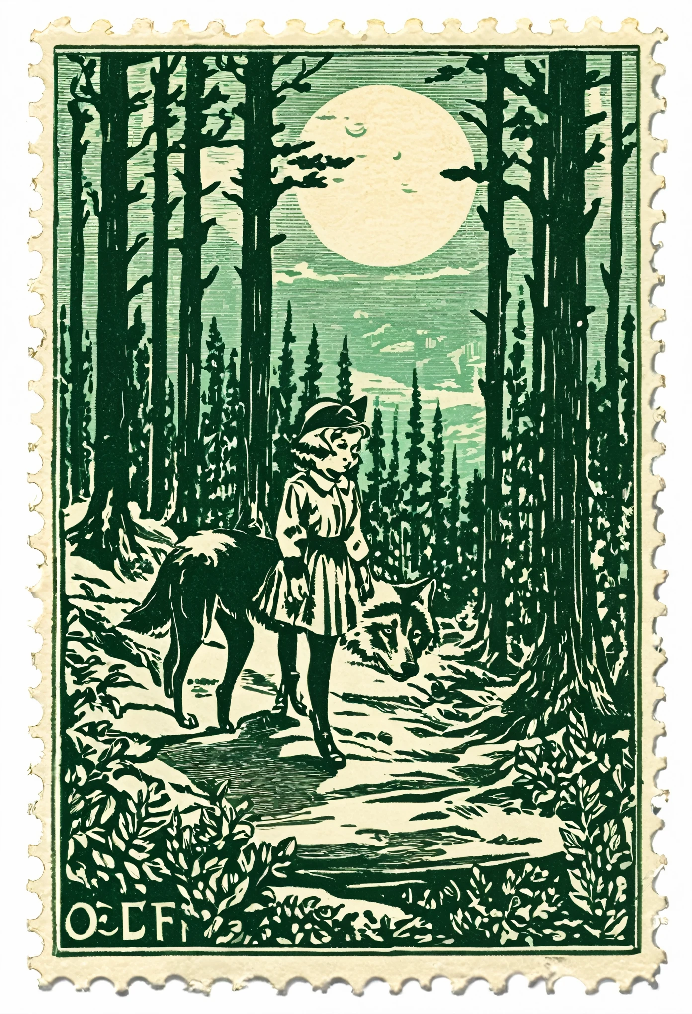 ephemera, label, retro, Vintage, stamp, A girl and a wolf meet in the forest,