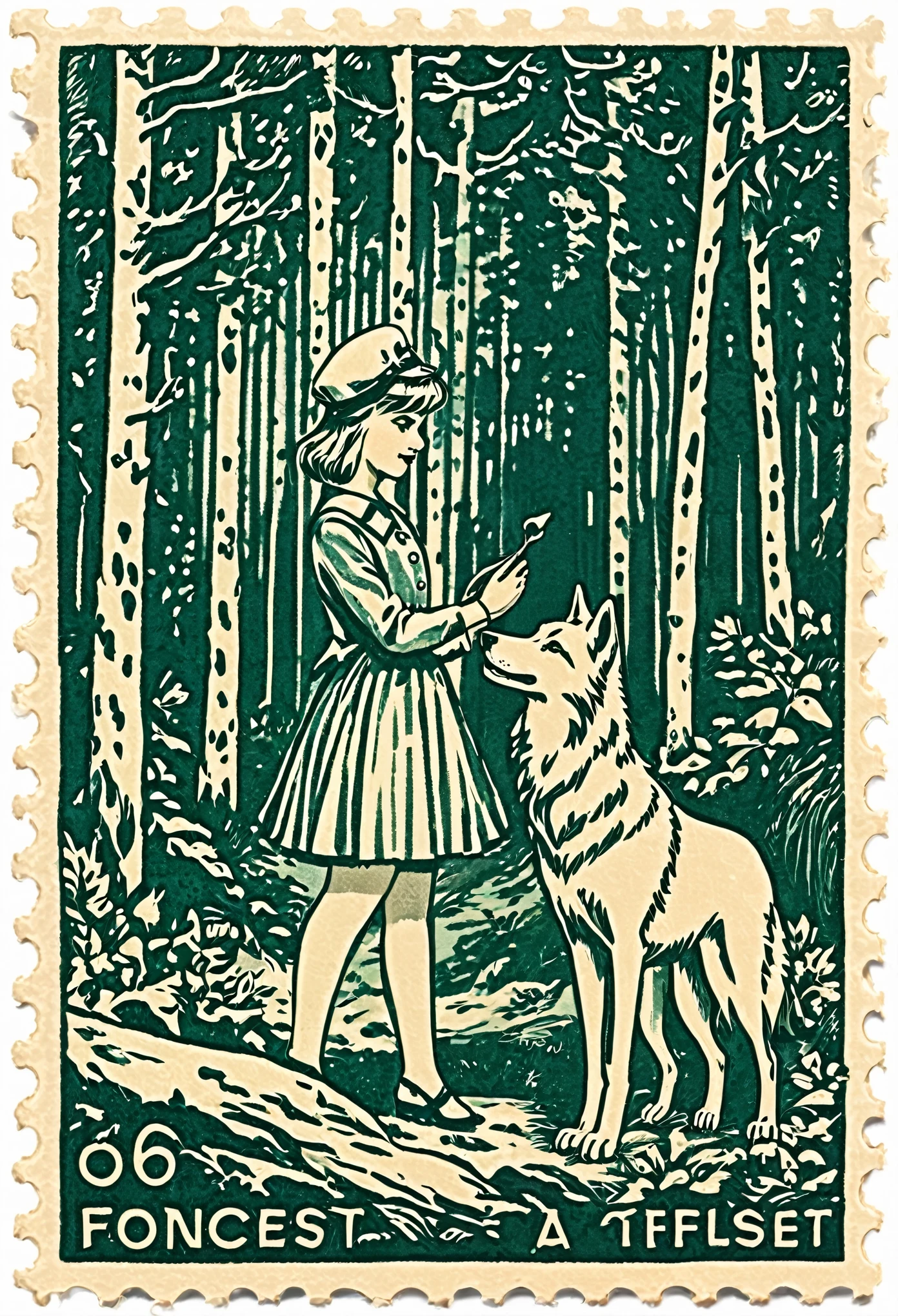 ephemera, label, retro, Vintage, stamp, A girl and a wolf meet in the forest,