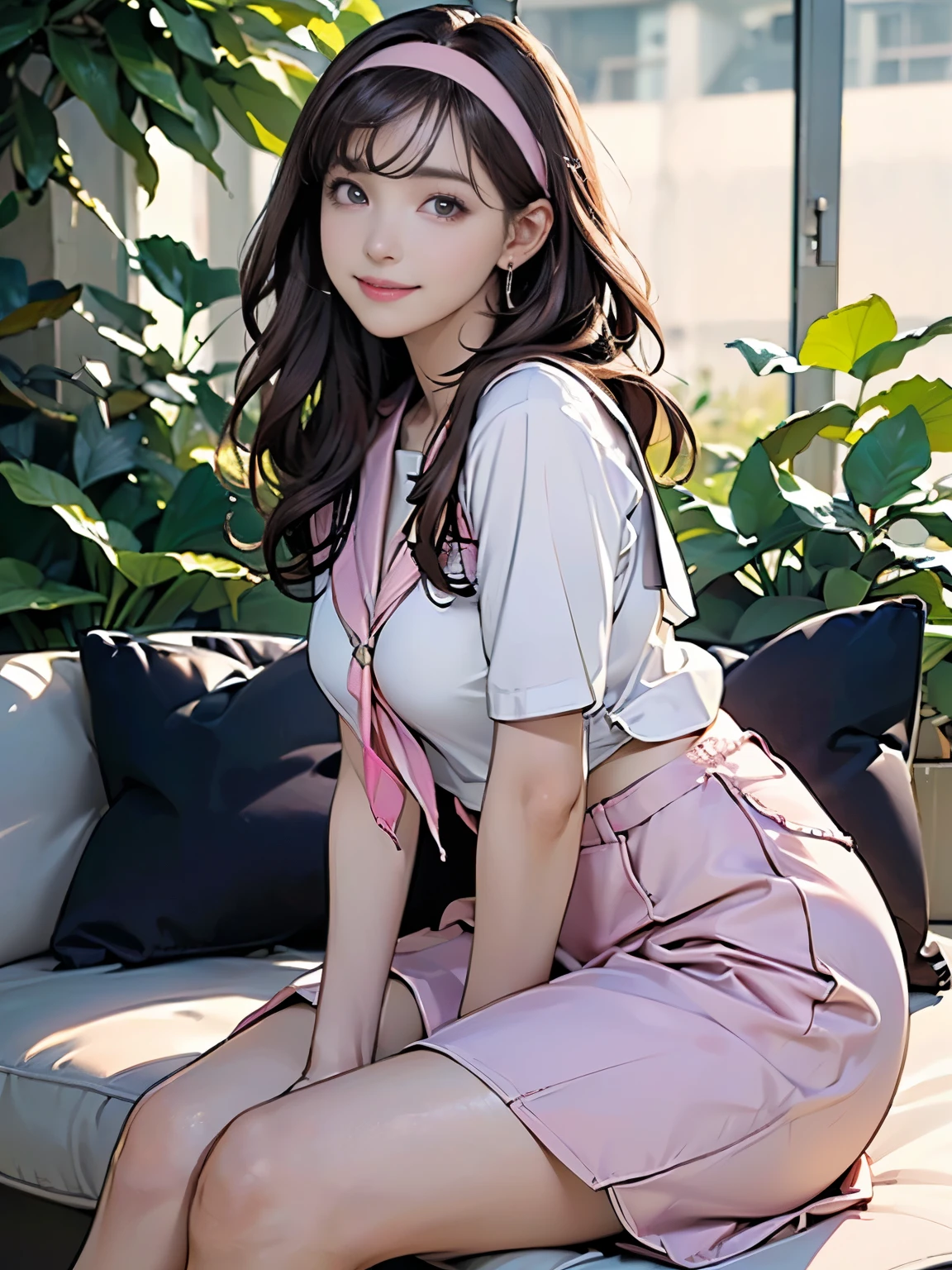 ((((highest quality))))、(((Ultra-precision CG16K wallpaper)))、(((masterpiece)))、(((Super detailed)))、(((Extreme detail)))、((1Mature 29 year old woman:1.6))、((Very beautiful Japanese faces))、((Zuo々Nozomi:1.5))、((Straight Layered Medium Hair、blunt bangs:1.3))、(Shiny brown hair)、Beautiful delicate eyes、Brown Eyes、eyeliner、Eyeshadow、High nose、Small nostrils、Small Mouth、Seductive lips、Beautiful breasts、((C cup size breasts))、Cleavage、Beautiful feet、eight-headed body、Perfect proportions、Perfect Anatomy、Perfect composition、Beautiful detailed shading、Beautiful, natural lighting、Beautiful detail glow、Depth of written boundary、(((High chroma)))、(((Real:1.9)))、((vivid:1.5))、((Beautiful Skin))、((Skin Texture))、((Realな皮膚感))、(((Cowboy Shot:1.6)))、((front view、shoot from front、Front low angle:1.6))、(((smile:1.6)))、((The woman is looking at this、looking at viewer、Facing forward:1.6))、Bright daylight、Natural light、(((living、Foliage plant:1.5)))、(Sitting pose:1.6)、(((Pink high school girl wearing sailor uniform:1.6)))、((Earrings、necklace、Wearing a headband:1.5))、(((Woman sitting on cushion:1.6)))、