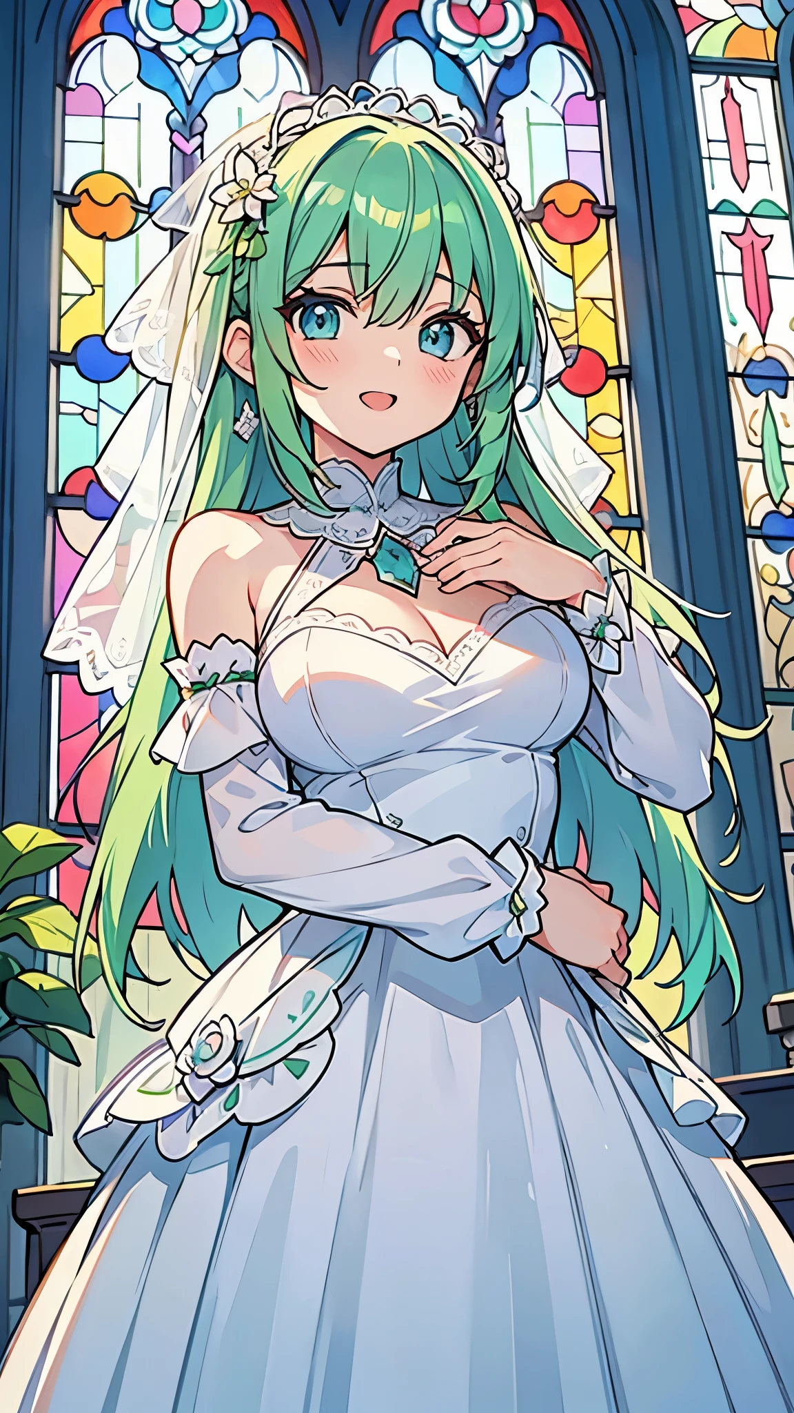 ((A Pretty girl with green hair and blue eyes)), ((wearing the white wedding dress)), Baby face, ((top-quality, master piece, ultra-definition, high resolution)), anime girl, ((ultra-detailed illust:1.2)), only one person, bangs, hair between eye, beautiful hair, Beautiful eyes, Shiny eyes, medium breast, Big smile, opened mouth, in front of the stained glass windows of the church
