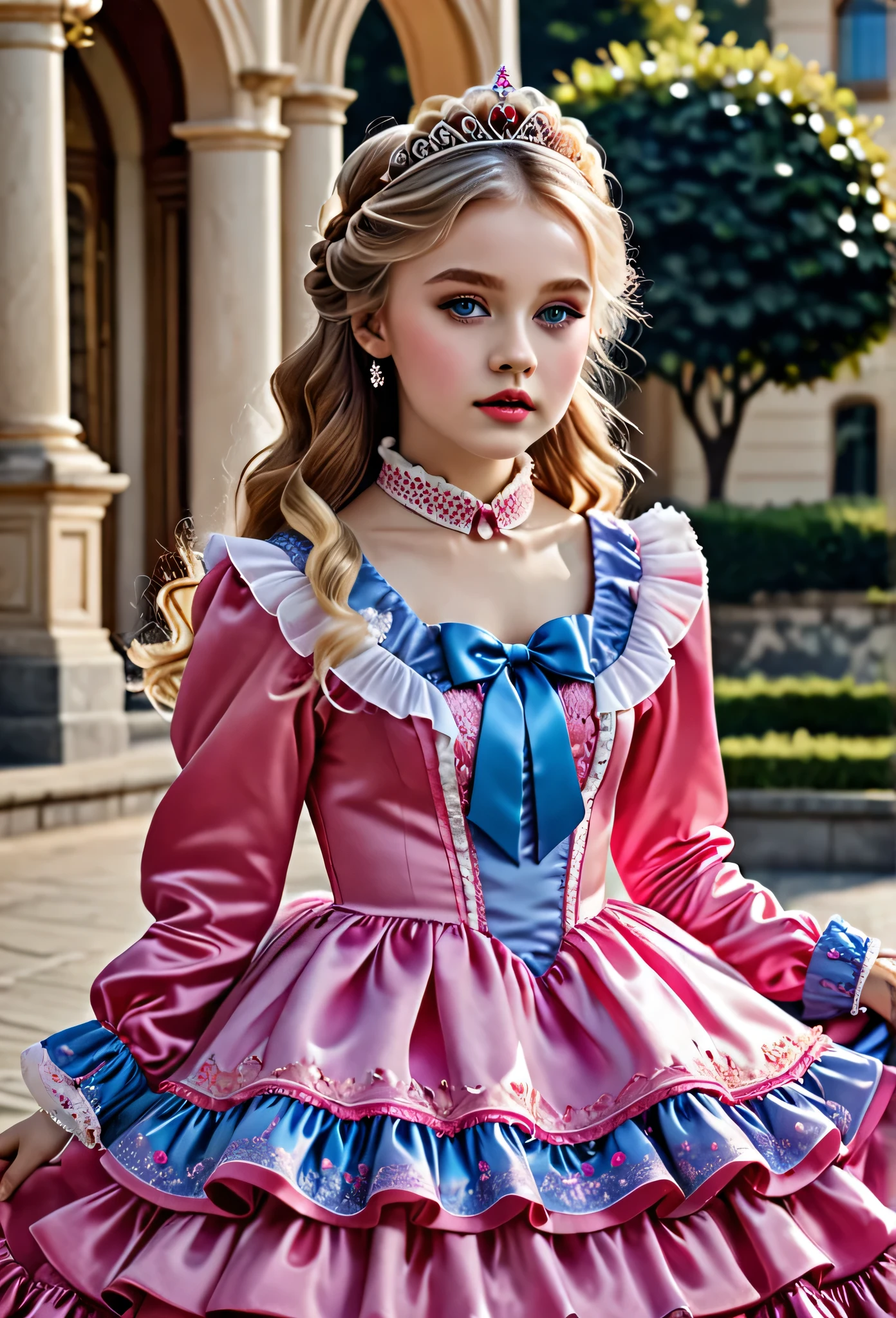 ,highest quality, masterpiece, highest resolution, artwork, super それにget used to it, many get used to it, get used to it, それにget used to it, 3k realistic pictures,,(( girls)),Ultra-detailed juvenile face,two are princesses,full length ball gown dress with hoop skirt,ruffled yoke collar,puff sleeves,long sleeve,((Lolita style hot pink detailed princess satin dress with lots of ruffles and ribbons)),Rococo style lolita fashion,shiny satin dress,Soft and smooth fabric,luxury,long blonde hair,blue eyes,white skin european,The whole body is reflected,Reflect from the face to the feet,