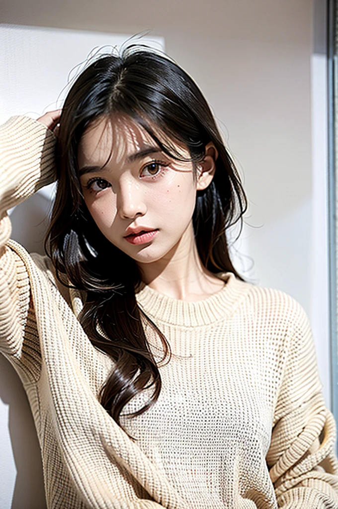 1girl,sweater,white background,