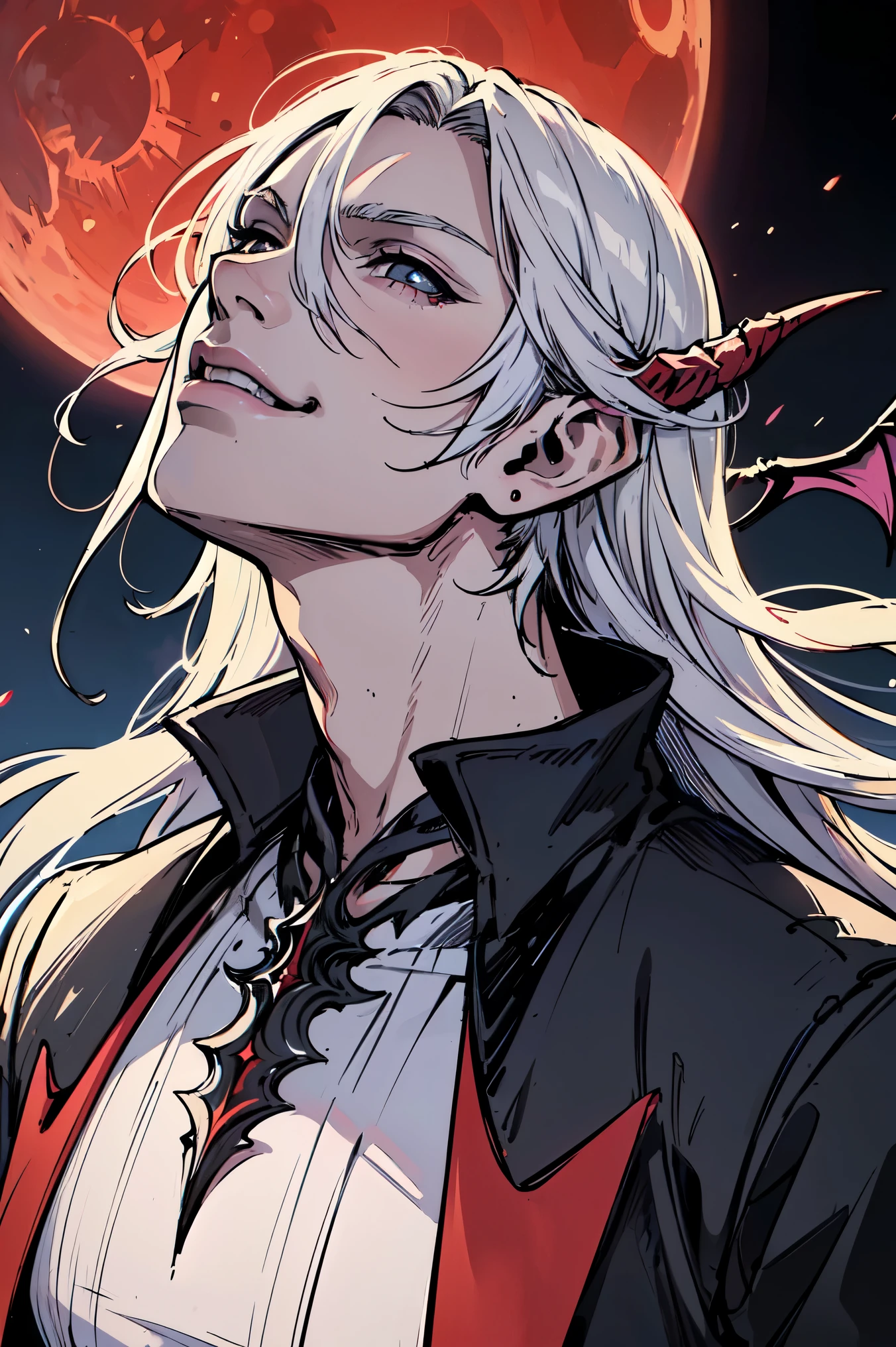 (((hyper realistic anime))) (((final fantasy style))) vividly imagined (((demonic boy))), with flowing white hair and angelically pointed ears , elegantly dressed in a mix of (fantastical half-human, half-demon fashion), , looking up at the red moon shining brightly in the night sky as it cleanses sinful souls and makes them anew