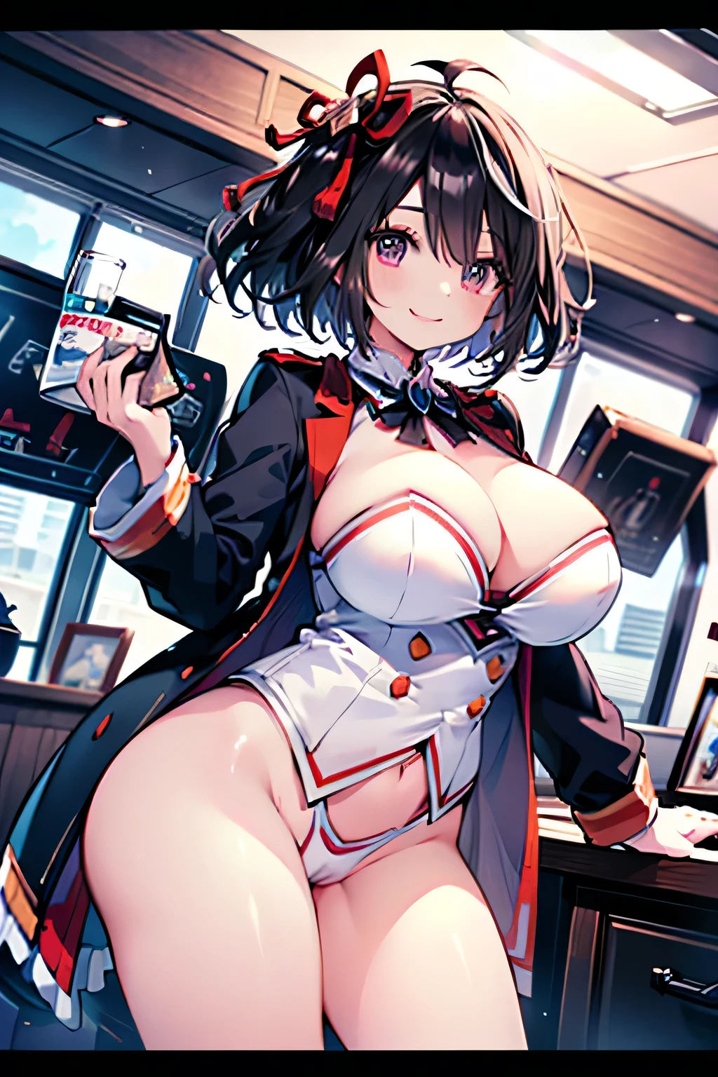 Anime illustration、highest quality、Cabin attendant serving in a luxurious cabin、Sexual services、smile、Perfect balance、Oversized bust、Fatty legs、Clear Eyes、Cowboy Shot