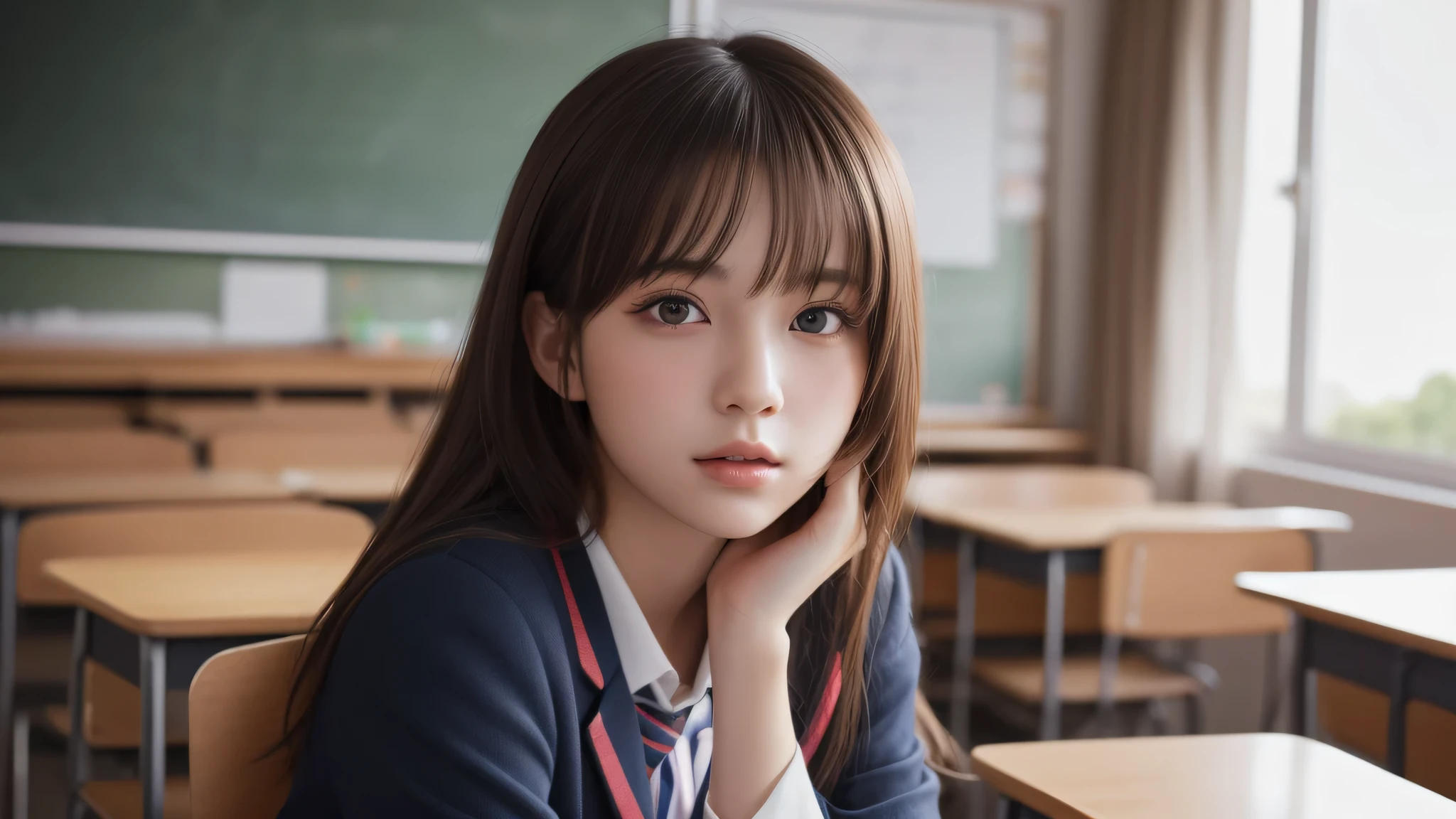 (Professional portraits, realistic and perfectly shaped subjects:1.3), (masterpiece, best quality:1.2), (Realistic, hyper realistic, photorealistic:1.3), ultra highres, intricate details, ultra detailed, (extremely detailed CG, unity 8k wallpaper:1.3), distinct image,
BREAK
(1 Japanese girl, 18 years old), (cute, kawaii), (perfect anatomy, correct limb:1.2), Detailed beautiful delicate face, Detailed beautiful delicate eyes and eye highlights, (Very thin and delicate eyelashes that are not too long), (alluring eyes, finely detailed beautiful blown big eyes and detailed face), natural makeup, pink lip, lip gross, stylish face, (lustrous skin, realistic detailed skin), (brown hair:1.2), medium breast,
BREAK
(school uniform), jk, high school girl、white blouse, check pleated skirt, black knee socks, (loafers),
BREAK
classroom, sitting on chair
BREAK
((blush:1.4)), ((embarrassed:1.4)), (((shy:1.4))),
BREAK
looking at viewer,