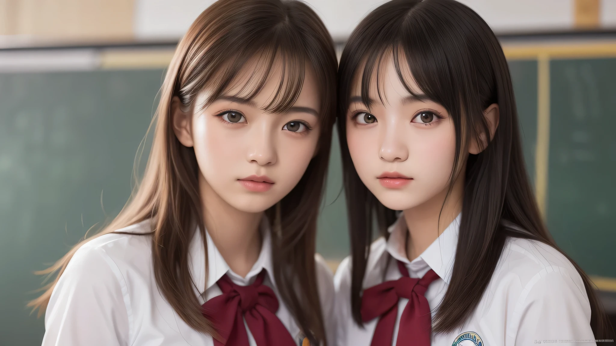 kawaii, (2girl), bob hair, (high school uniform), (Best Quality:1.4), Realistic, extremely detailed CG unified 8k wallpaper, highly detailed, High-definition raw color photos, professional photography, Realistic portrait, Beautiful detailed, Close up portrait of girl, (school, classroom:1.2), (Fine face:1.2),