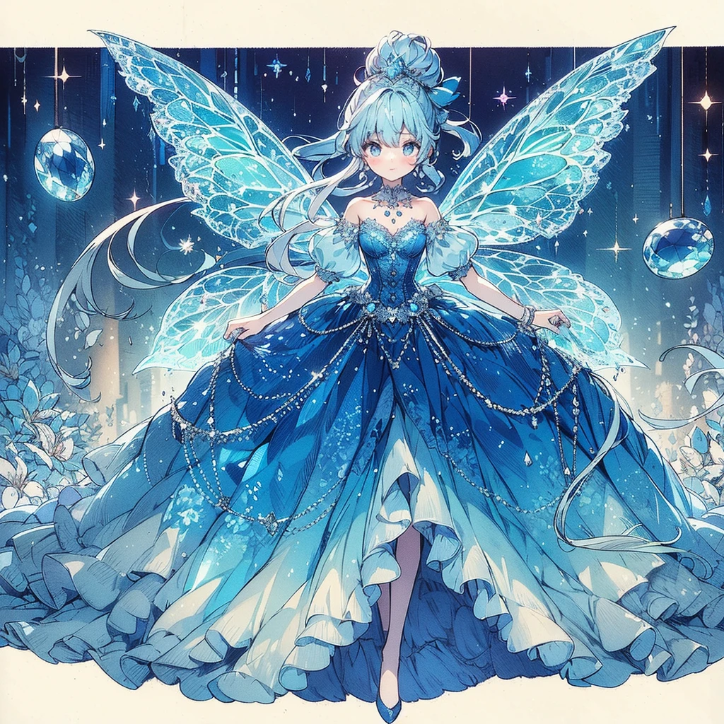 (Exquisite, beautiful, Very detailed, masterpiece, high quality,High resolution),(A cute design illustration of a beautiful dress in a rich deep blue color with blue to purple pleochroic colors drawn with soft thin lines and aquamarine gemstones in the background),A beautiful girl with translucent fairy wings is wearing a long princess-line dress with a bright purple draped peplum on the bottom of the corset, decorated with ribbons and aquamarines, and a long white pannier underneath. The corset is decorated with aquamarines., A lovely, fantastical princess dress inspired by aquamarine.,