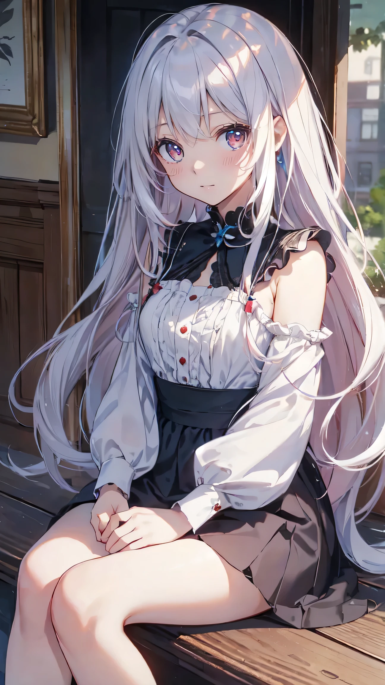 (Perfect white-haired girl + youth campus: 1.2), (anime girl + girl front style + anime visual + anime cute art style: 1.3), (long white hair + white hair + from girl front: 1.2), (one book + one book: 0.9), beautiful portrait, harmony fusion, rich picture detail, clarity, strong texture. White silk, long legs, red eyes, two girls