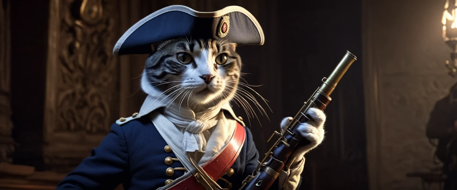 A detailed anthropomorphic cat dressed as a colonial soldier playing a piccolo, highly detailed, cinematic lighting, dramatic atmosphere, award-winning digital art, intricate details, cinematic composition, photorealistic, 8k, masterpiece