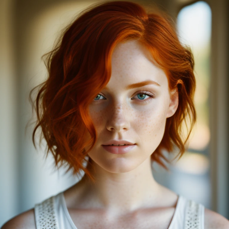 beautiful redheaded woman, freckles, slightly tilted head, dark makeup, hyper-detailed photography, soft light, head and shoulder portrait, cover, sharp focus