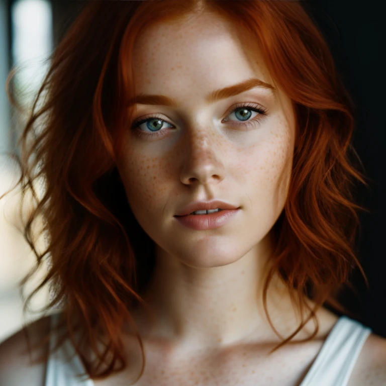 beautiful redheaded woman, freckles, slightly tilted head, dark makeup, hyper-detailed photography, soft light, head and shoulder portrait, cover, sharp focus