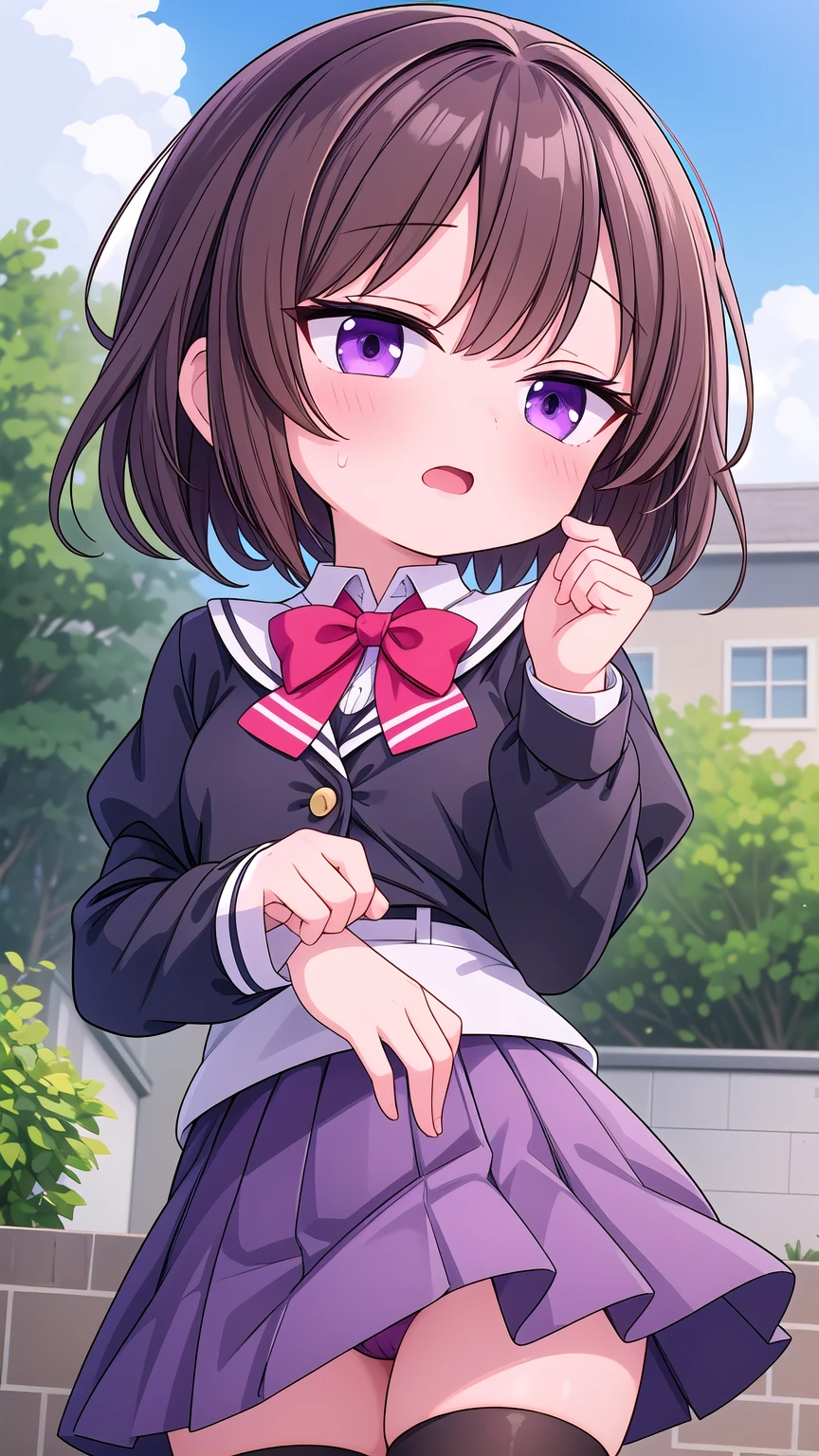 masterpiece,best quality,ultra detail, girl, short brown hair, purple eyes, short skirt,  in sightsailor uniform,school garden, open mouth, shy, blush, detailed hands, detailed fingers, viewer's view from below, (chibi:0.6), (chibi breast:(very detailed hands), sweaty thighs