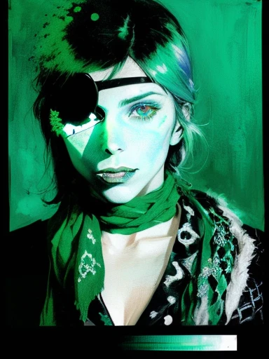 painting of a woman with a pirate eye patch and a green scarf, inspired by John Cale, an anime portrait of david bowie, inspired by Yukihiko Yasuda, inspired by Dino Valls, portrait of david bowie, portrait of blade runner rachael, inspired by Aaron Nagel, inspired by Arnold Mesches, inspired by Karl Kopinski, inspired by Cindy Sherman