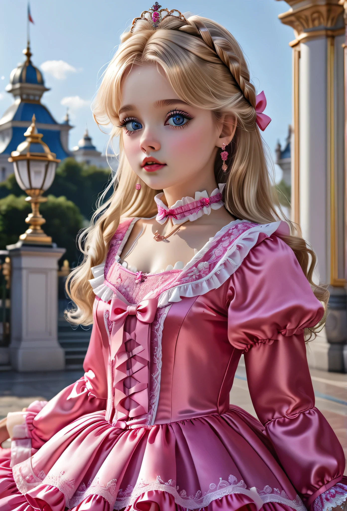,highest quality, masterpiece, highest resolution, artwork, 3K realistic photos,,(( girls)),Super detailed baby face,both arees,Full length ball gown dress with hoop skirt,ruffled yoke collar,Detailed braided ribbon on chest,puff sleeves,long sleeve,((Lolita style hot pink detailed princess satin dress、Comes with lots of frills and ribbons。)),shiny silk satin dress,soft and smooth silk satin fabric,luxury,Very long blonde hair,blue eyes,white skin european,pajamas,((Outside the palace)),Princess dancing happily,gorgeous flowing dress,fine white frills and lace,Super long hair that is as tall as your body,the princess is running