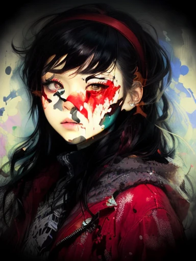 a drawing of a woman with red makeup and a red nose, ((red)) baggy eyes, inspired by Ayako Rokkaku, red faced, post grunge portrait, colored screentone, an expressive digital painting, watery red eyes, lowres, inspired by Ryuzaburo Umehara, ((portrait)), bloody face, drawn with photoshop