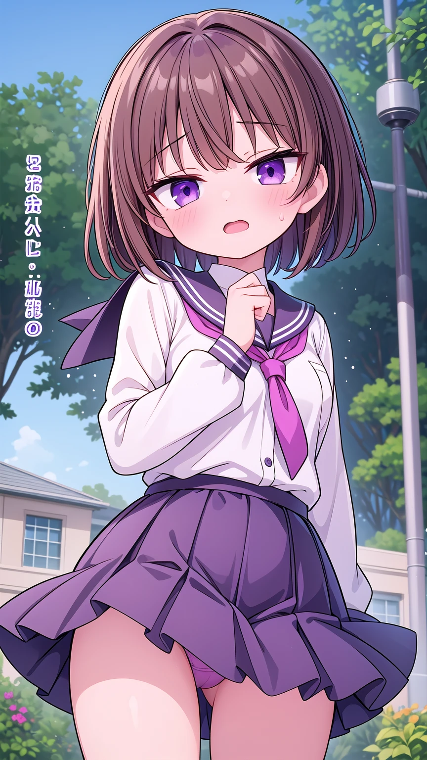 masterpiece,best quality,ultra detail, girl, short brown hair, purple eyes, short skirt, panties in sightsailor uniform,school garden, open mouth, shy, blush, detailed hands, detailed fingers, viewer's view from below, (chibi:0.6), (chibi breast:0.6), (very detailed hands), sweaty thighs