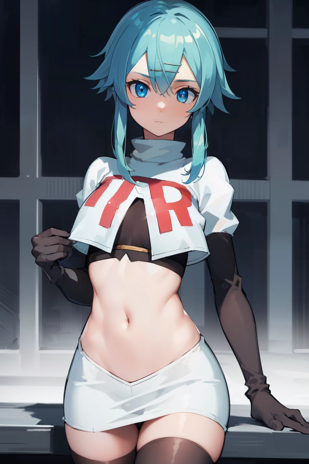 masterpiece, best quality, highres, 1girl, sinon1, hair ornament, hairclip, team rocket,team rocket uniform,white skirt,red letter R,crop top,black thigh-highs,black elbow gloves, BREAK (masterpiece:1.2), best quality, high resolution, unity 8k wallpaper, (illustration:0.8), (beautiful detailed eyes:1.6), extremely detailed face, perfect lighting, extremely detailed CG, (perfect hands, perfect anatomy)