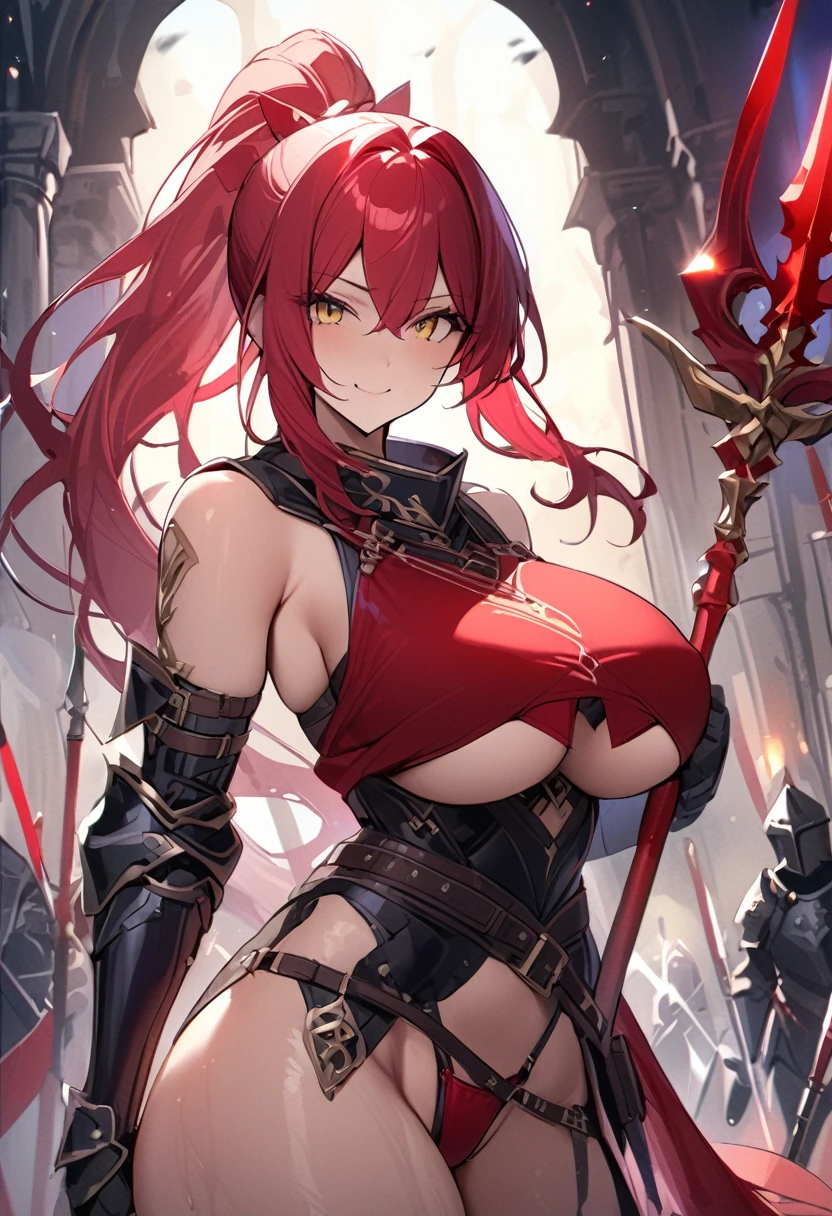 masterpiece,best quality, knight, long hair, red hair, ((Ponytail)), yellow eyes, perfect face, black armor,, ((exposed arm)), red_ornaments, red_tabard, thong, belt, Spear, ((big tits)), exposed belly, smiling, 1girl, strikes, Perfect face, thick thighs, ,add_detail:1, add_detail:0, add_detail:0.5,((weapon_spear)),((Spear))