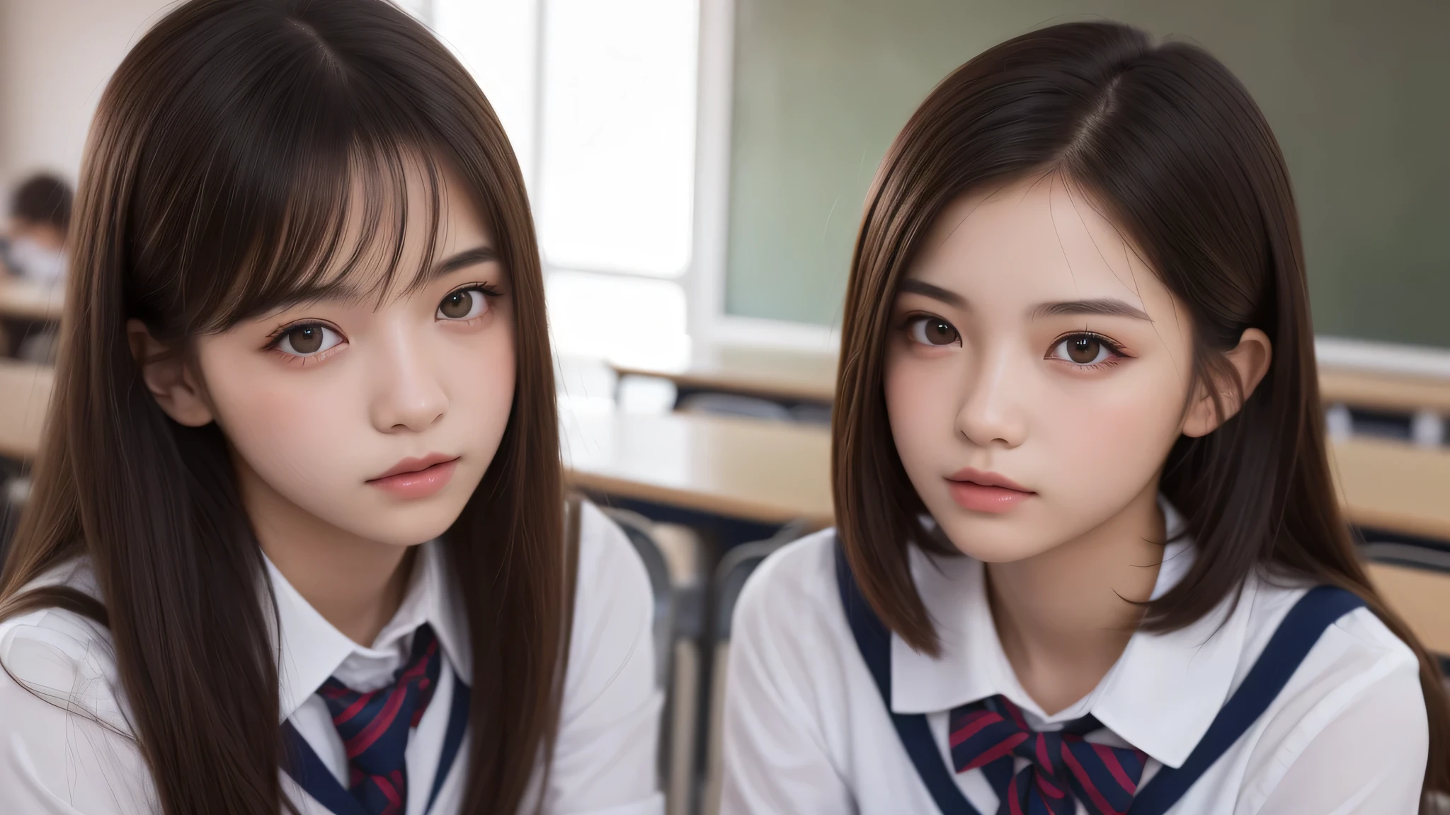 kawaii, (2girl), bob hair, (high school uniform), (Best Quality:1.4), Realistic, extremely detailed CG unified 8k wallpaper, highly detailed, High-definition raw color photos, professional photography, Realistic portrait, Beautiful detailed, Close up portrait of girl, (school, classroom:1.2), (Fine face:1.2), 
