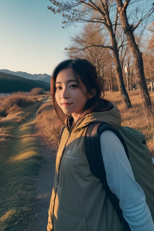 1 female, ((Upper body selfie, Happy)), masterpiece, highest quality, Super detailed, alone, Slender Japan woman, 30 years old, Outdoor, (night), Mountain々, nature, (performer, moon) Hilarious, Backpack, sleeping bag, Camping stove, Water bottle, Mountain boots, gloves, sweater, Have, flashlight, forest, rock, river, wood, cigarette, Shadow, Contrast, sunny, Analog Style (View the viewer:1.2) (Skin Texture) (Film Grain:1.3), (Warm shades, Warm Tones) :1.2), close, Cinematic Light, Side light, Ultra-high resolution, Best Shadow, born, Wearing a pullover