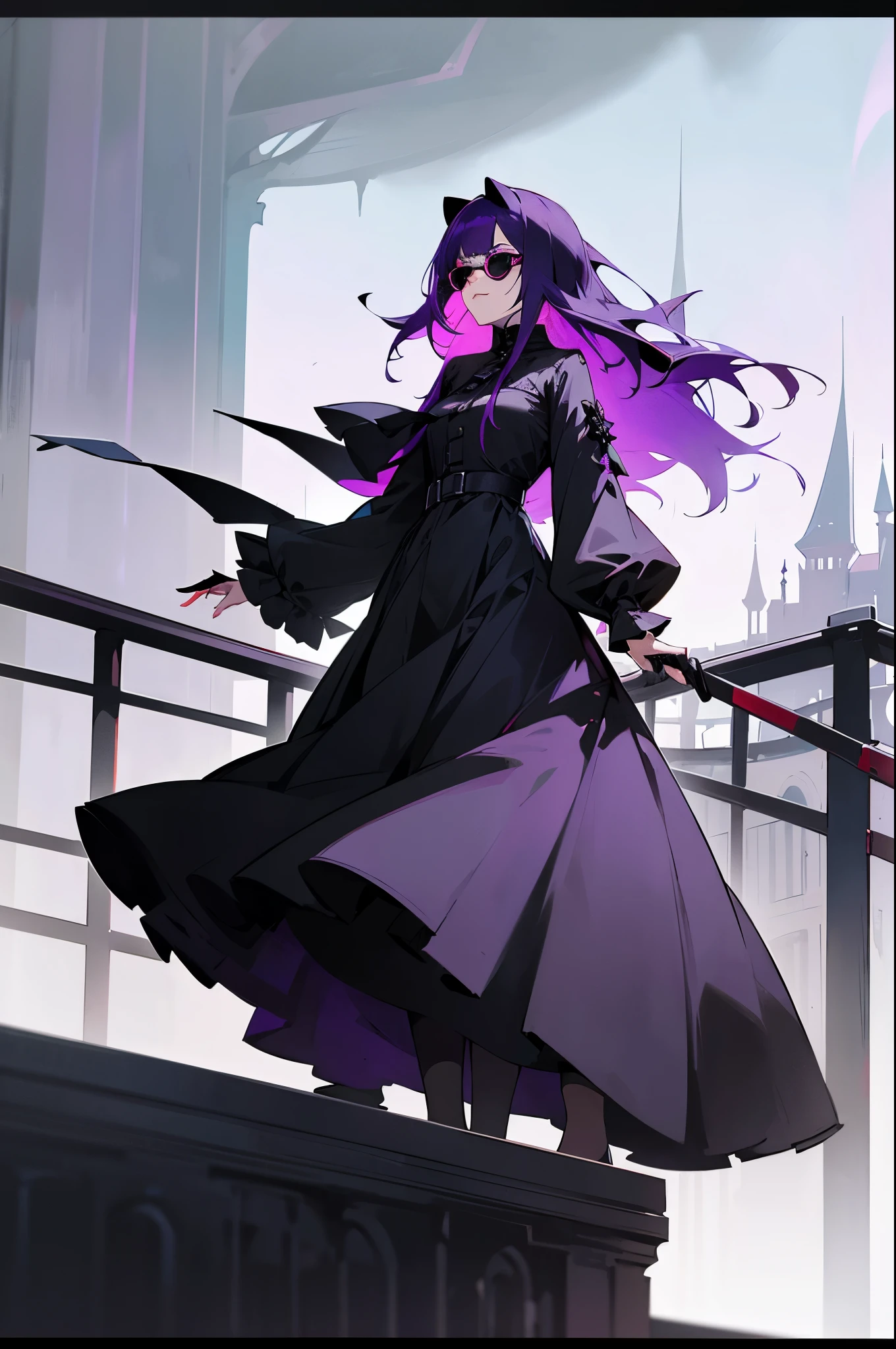 araffe woman with purple hair and sunglasses standing on a bridge, on a bridge, standing on a bridge, outfit: cop, cinematic outfit photo, wearing a dark dress, witchcore clothes, grimdark vibes, witchy clothing, wearing a gothic dress, dark clothing, wearing modern gothic clothes, dark vibes, dark clothes, goth vibe, dark dress, full portrait
