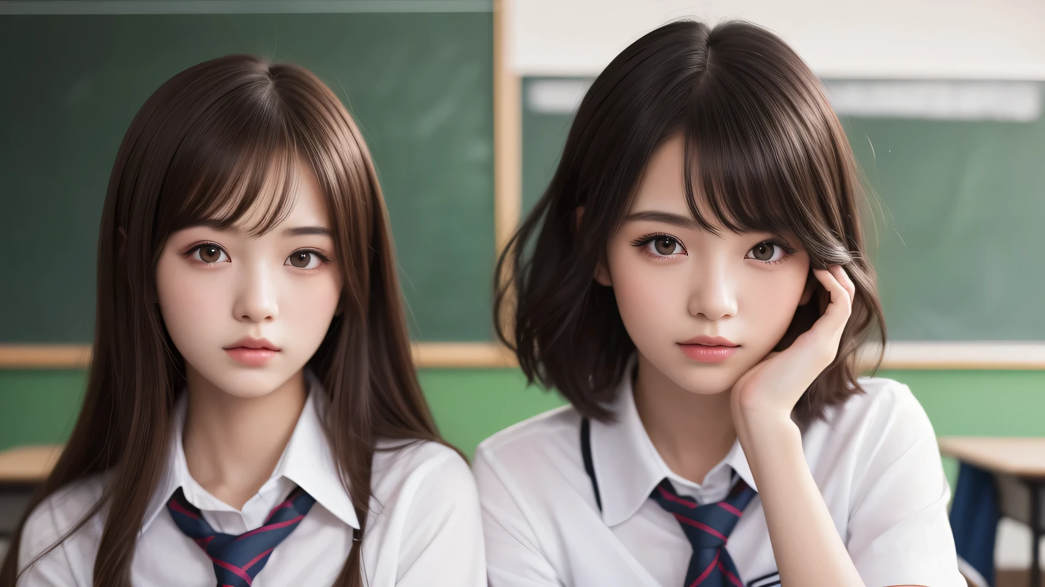 kawaii, (2girl), bob hair, (high school uniform), (Best Quality:1.4), Realistic, extremely detailed CG unified 8k wallpaper, highly detailed, High-definition raw color photos, professional photography, Realistic portrait, Beautiful detailed, Close up portrait of girl, (school, classroom:1.2), (Fine face:1.2),