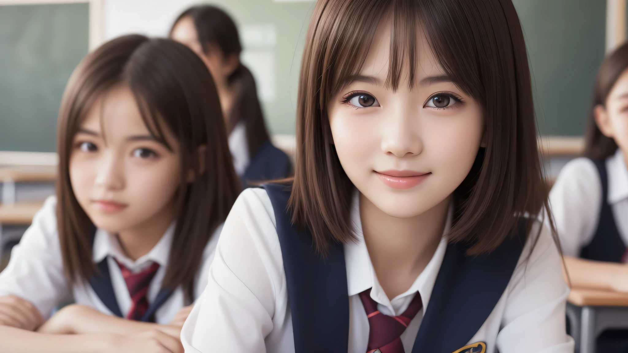 kawaii, (2girl), bob hair, smile, (high school uniform), (Best Quality:1.4), Realistic, extremely detailed CG unified 8k wallpaper, highly detailed, High-definition raw color photos, professional photography, Realistic portrait, Beautiful detailed, Close up portrait of girl, (school, classroom:1.2), (Fine face:1.2),