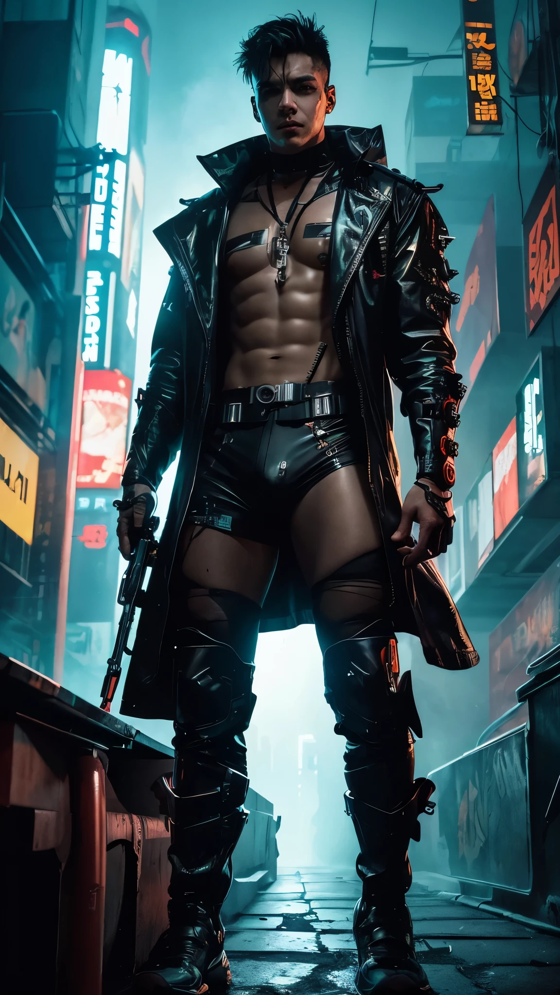 (highest quality:1.3), (Top performance:1.2), (Best illustrations:1.2), (Comic book style:1.2), (Artistic Film Lighting:1.2) (1 person) Wearing futuristic technology cyberpunk electronic robe, His body is covered with metal parts, Horror movie-like background of a futuristic cyberpunk city.