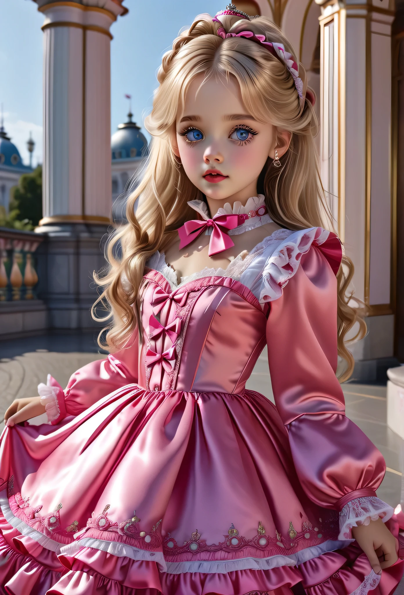 ,highest quality, masterpiece, highest resolution, artwork, 3K realistic photos,,((10 year old ***********s)),Super detailed baby face,both are princesses,Full length ball gown dress with hoop skirt,ruffled yoke collar,Detailed braided ribbon on chest,puff sleeves,long sleeve,((****ta style hot pink detailed princess satin dress、Comes with lots of frills and ribbons。)),shiny silk satin dress,soft and smooth silk satin fabric,luxury,Very long blonde hair,blue eyes,white skin european,pajamas,((Outside the palace)),Princess dancing happily,gorgeous flowing dress,fine white frills and lace,Super long hair that is as tall as your body,the princess is running