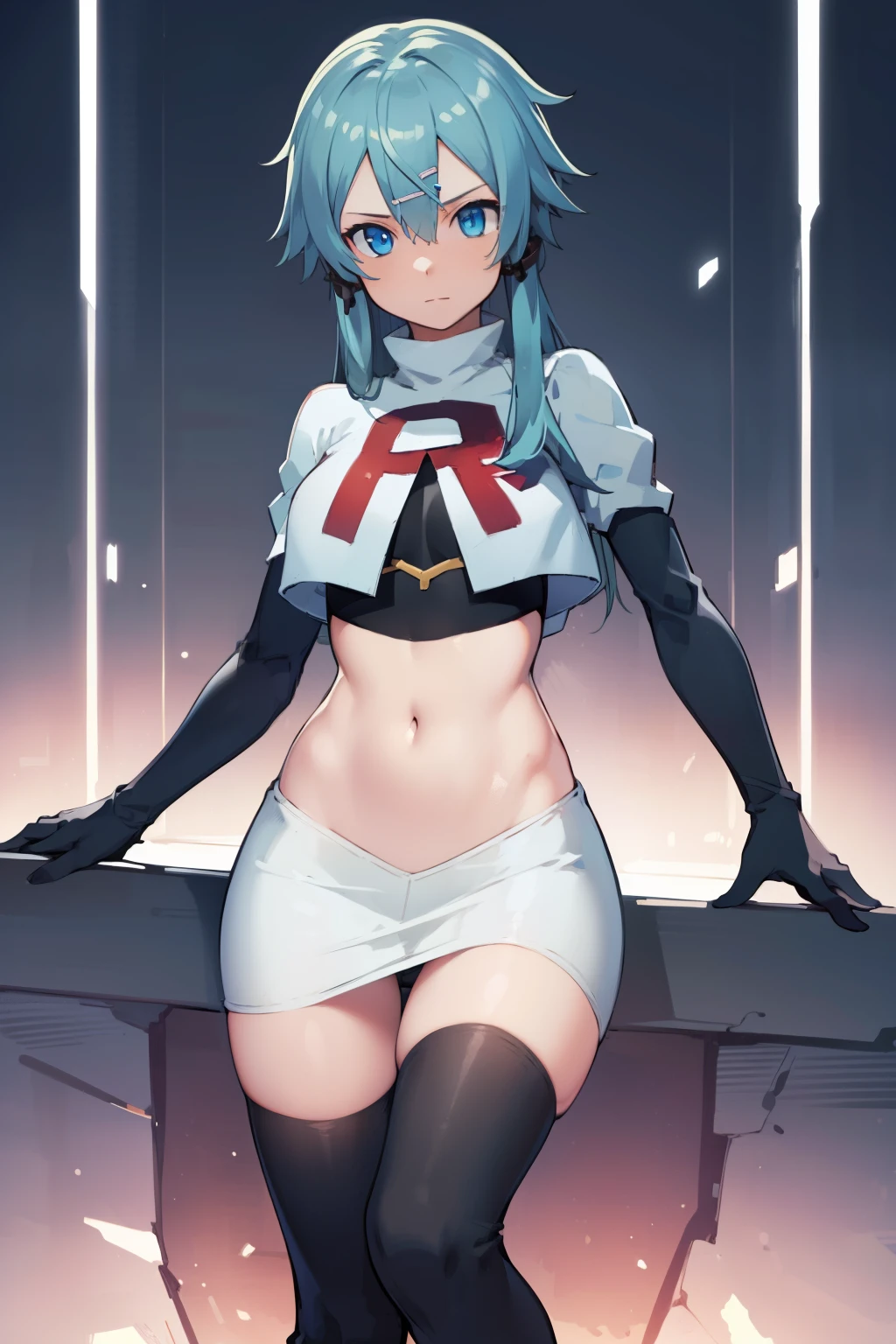 masterpiece, best quality, highres, 1girl, sinon1, hair ornament, hairclip, team rocket,team rocket uniform,white skirt,red letter R,crop top,black thigh-highs,black elbow gloves, BREAK (masterpiece:1.2), best quality, high resolution, unity 8k wallpaper, (illustration:0.8), (beautiful detailed eyes:1.6), extremely detailed face, perfect lighting, extremely detailed CG, (perfect hands, perfect anatomy)