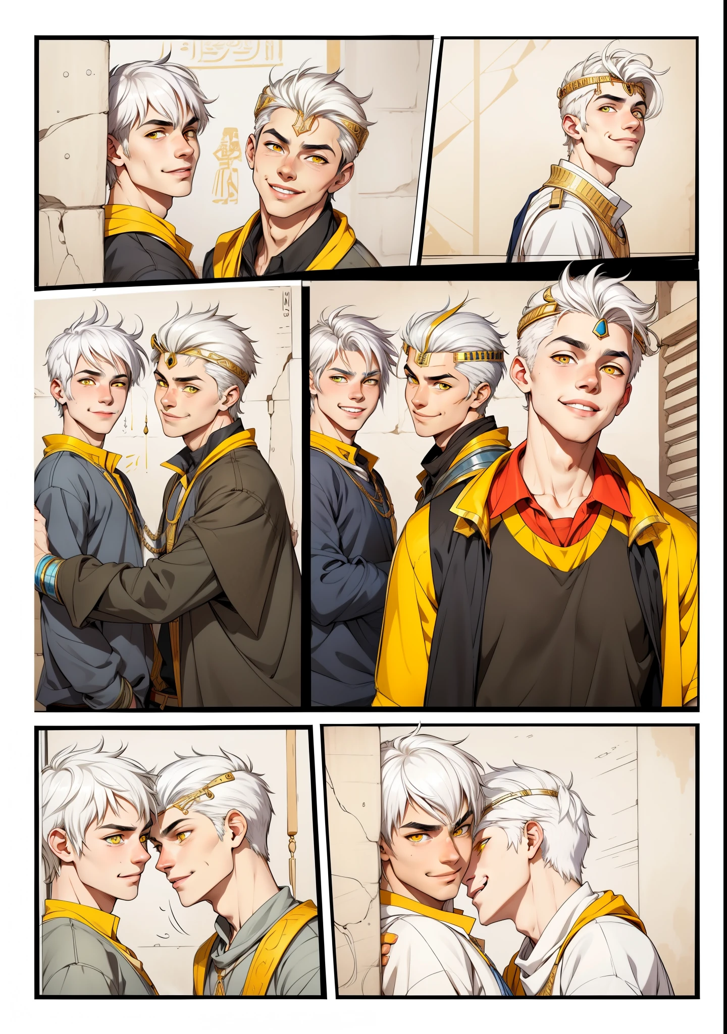 handsome  boys in ancient egypt white hair yellow eyes mischievous smile