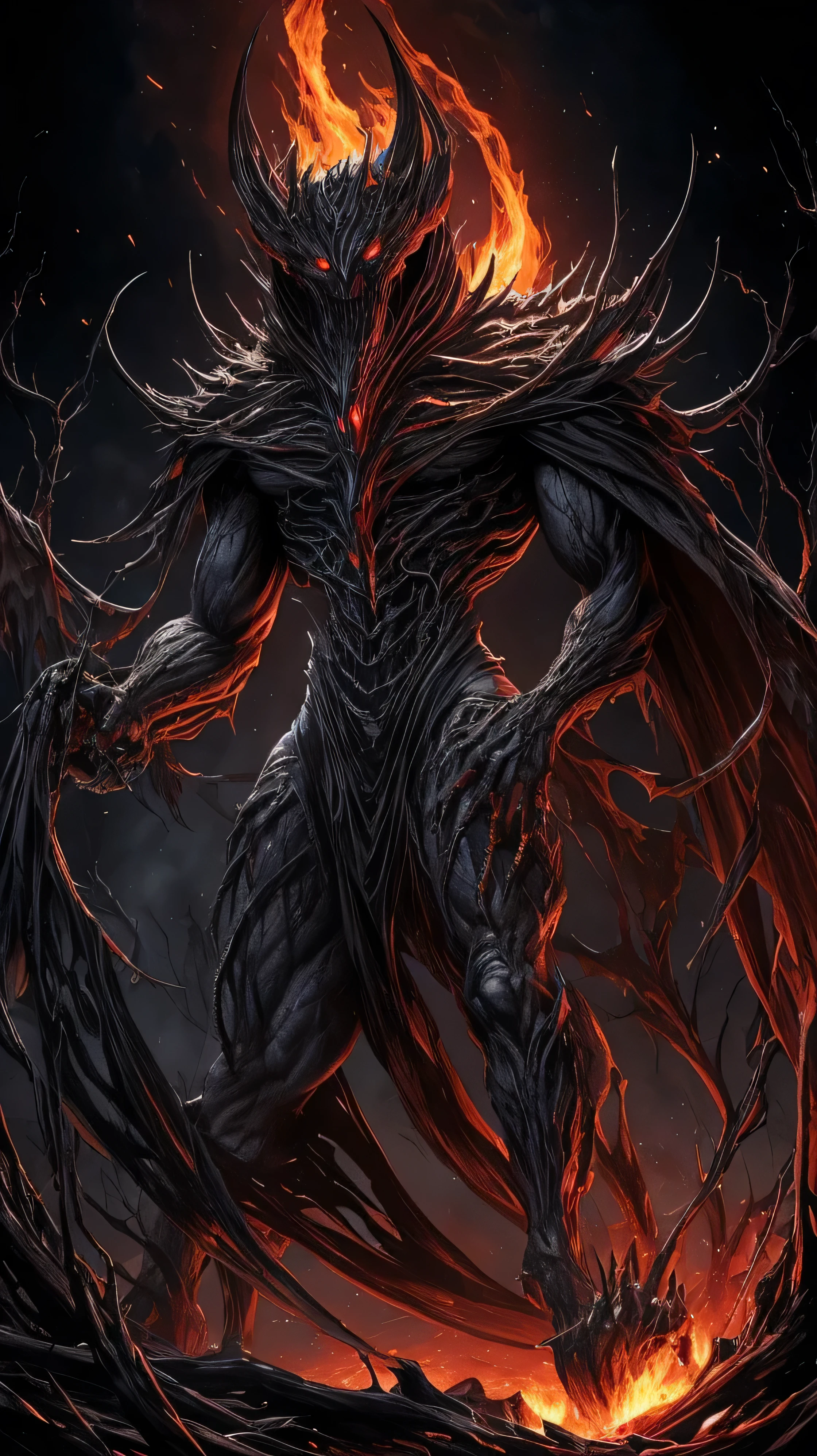 The Nightmare Sphinx is a creature that goes beyond nightmares. His body seems to be a mixture of different beings, making him unfamiliar and terrifying. Its length reaches three meters, and it is covered with shiny, sticky black skin, with intertwined white veins that pump out a bright liquid that looks like mercury. Its head resembles a distorted human skull, where the eyes are simply two deep black holes from which a glowing red light is emitted. Its mouth is wide and filled with sharp, uneven teeth, emitting a strong odor of decay. Around its head hang strands of tangled, dirty hair, seeming to move independently. Its body is full of bony bumps and spines, and its limbs are long and slender, ending in sharp claws that sparkle under the dim light. He has two additional arms extending from either side of his body, each covered in wrinkled skin as if they were wings torn from a huge bird. His voice is a mixture of screams of pain and whispers of the devil, and when he moves, he emits the sound of crackling bones, which terrifies people. When approaching him, one can feel an intense cold that freezes the blood in the veins, as if his presence draws heat from the air around him. 