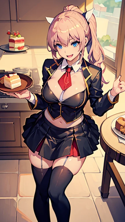 (dynamic angle:1.3, front view:1.1, breast focus:1.3, from above:1.1), (dynamic posing:1.2, sexy posing:1.2), (seductive smiling:1.3), ((looking at cake,Taking a cake out of the golden oven, worried about the outcome:1.2)),highest quality、(real、photorealistic:1.4),(ultra high resolution, 8K RAW photo, clear focus), best qualtiy, natural lighting, field depth, (Bright pupils, detailed beautiful eyes, high detailed face), Red lip, (tight focus:1.2), a girl 22yo old, Wearing a pastry chef uniform:1.3 , Thicc, thin breast, long hair, blue eyes,garter stocking, cleavage:1.2, midriff, black shorts, black thighhighs, thigh strap, pretty girl, (highly detailed beautiful face and eyes,firm breasts),real skin,((black,hair,long pony tail hair)),thin pubic hair,cute,lovely, detailed eyes,(double breasted:1.0,under bust:1.0),(with sparkling eyes and a contagious smile),open mouth, Looking at Viewer,A scene of cooking in the kitchen,looking at the golden oven
