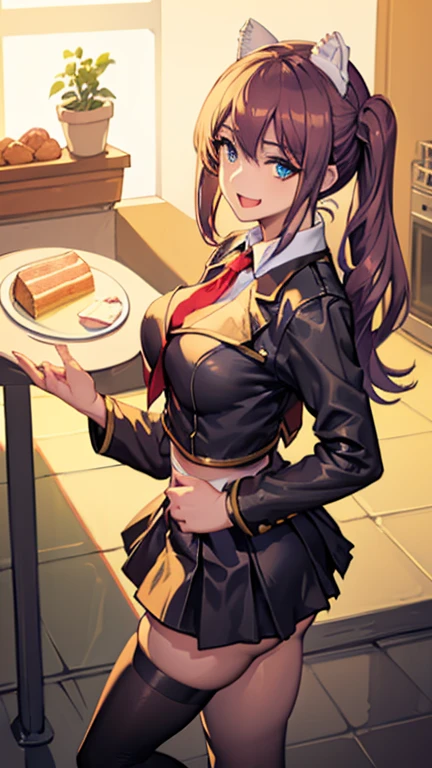 (dynamic angle:1.3, front view:1.1, breast focus:1.3, from above:1.1), (dynamic posing:1.2, sexy posing:1.2), (seductive smiling:1.3), ((looking at cake,Taking a cake out of the golden oven, worried about the outcome:1.2)),highest quality、(real、photorealistic:1.4),(ultra high resolution, 8K RAW photo, clear focus), best qualtiy, natural lighting, field depth, (Bright pupils, detailed beautiful eyes, high detailed face), Red lip, (tight focus:1.2), a girl 22yo old, Wearing a pastry chef uniform:1.3 , Thicc, thin breast, long hair, blue eyes,garter stocking, cleavage:1.2, midriff, black shorts, black thighhighs, thigh strap, pretty girl, (highly detailed beautiful face and eyes,firm breasts),real skin,((black,hair,long pony tail hair)),thin pubic hair,cute,lovely, detailed eyes,(double breasted:1.0,under bust:1.0),(with sparkling eyes and a contagious smile),open mouth, Looking at Viewer,A scene of cooking in the kitchen,looking at the golden oven
