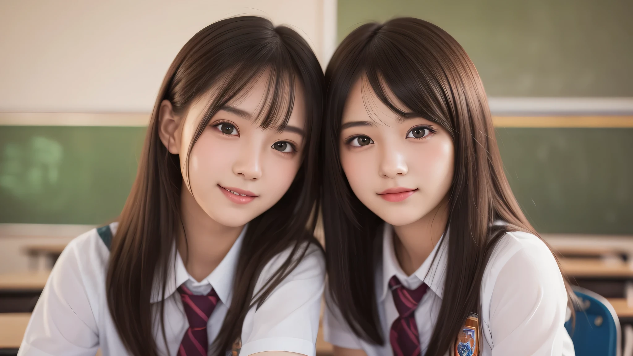 kawaii, (2girl), bob hair, smile, (high school uniform), (Best Quality:1.4), Realistic, extremely detailed CG unified 8k wallpaper, highly detailed, High-definition raw color photos, professional photography, Realistic portrait, Beautiful detailed, Close up portrait of girl, (school, classroom:1.2), (Fine face:1.2),