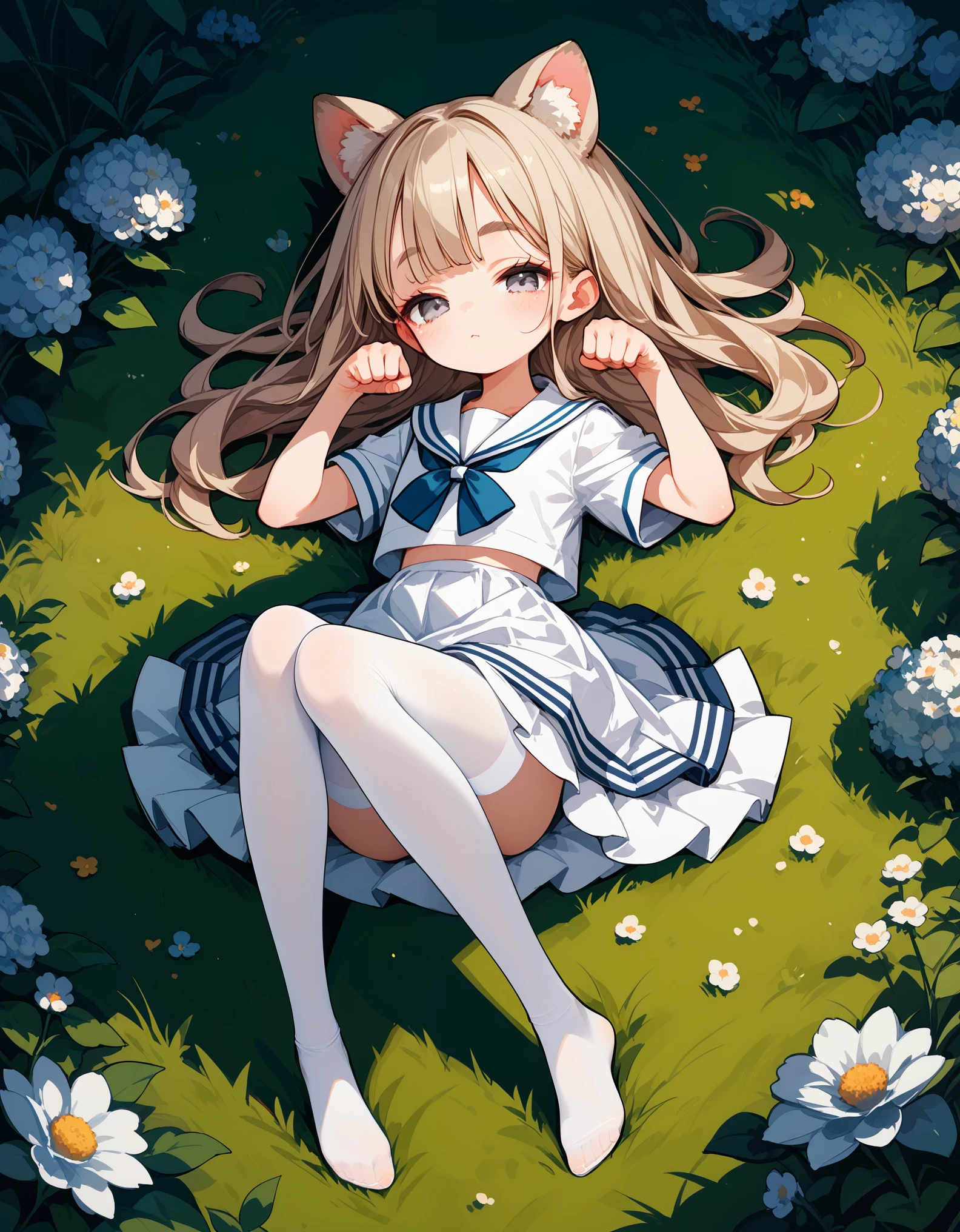 score_9, score_8_up,score_7_up,score_6_up,score_5_up,from above, 1girl, animal_ears, grey eyes,paw pose,full body, lying,legs together, knees up, on back,on grass,sailor dress,white_pantyhose, thick eyelashes, half-closed eyes, ,petite,mesugaki,,