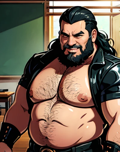 Just plump, chubby, extremely thick thighs, large belly, fat, age 50, he is bearded, long hair, tatuagens pelo corpo inteiro, wears an unbuttoned black leather jacket, wearing only red swim trunks and wearing black motorcycle boots. Carrancudo e cara de homem mal, He is a biker who stands next to his Harley Davidson motorcycle, Fotografia de corpo inteiro fotografia(((He is standing inside a classroom teaching a class of students))). (bestiality,realistic:1.37),portrait,studio lighting,vivid colors,soft lighting,barefoot,underbelly,relaxed pose,brightly lit room,cozy atmosphere,happy expression,warm color palette,smiling face,Wide shot of a big fat man with a big fat belly
