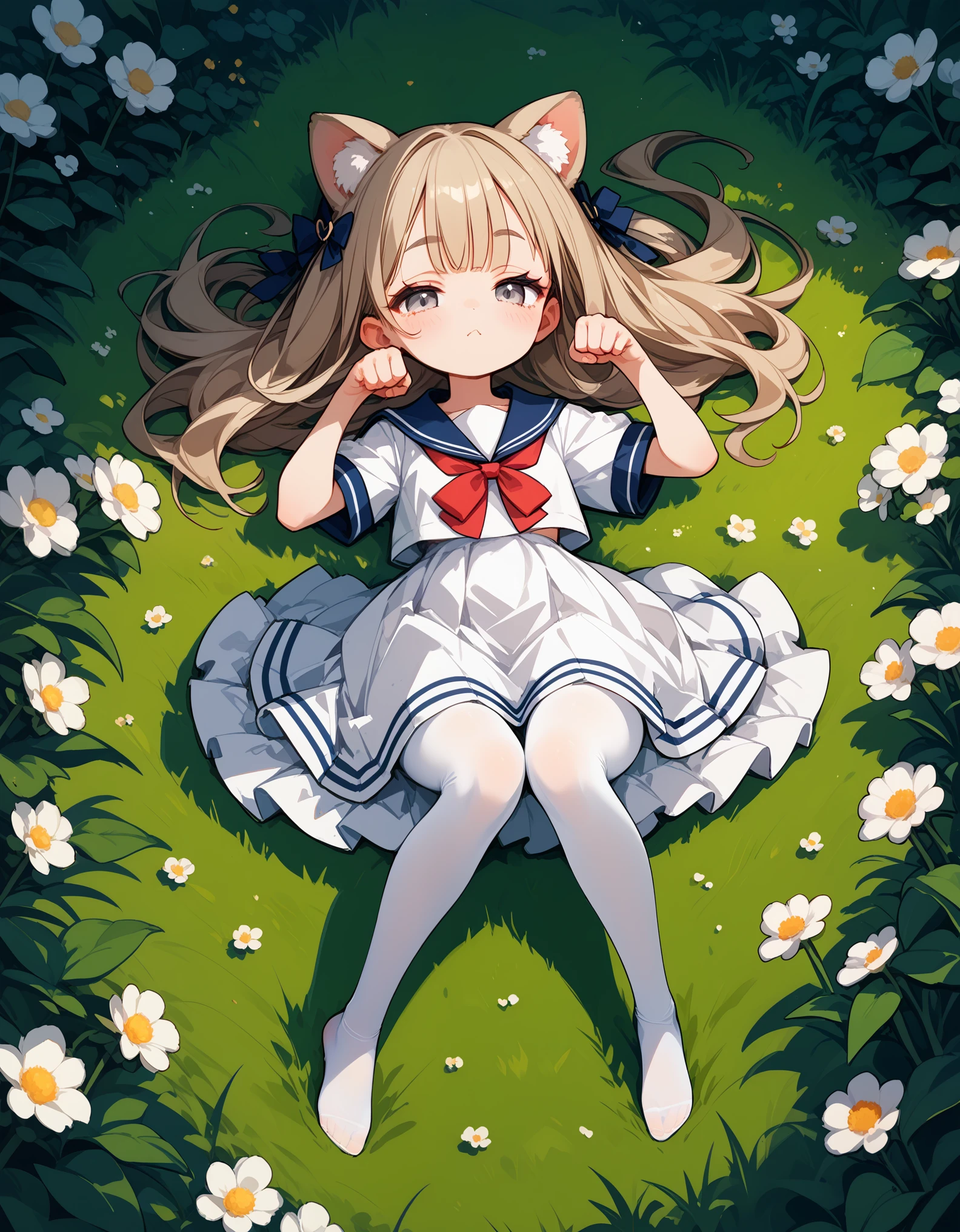 score_9, score_8_up,score_7_up,score_6_up,score_5_up,from above, 1girl, animal_ears, grey eyes,paw pose,full body, lying,legs together, knees up, on back,on grass,sailor dress,white_pantyhose, thick eyelashes, half-closed eyes, ,petite,mesugaki,loli,