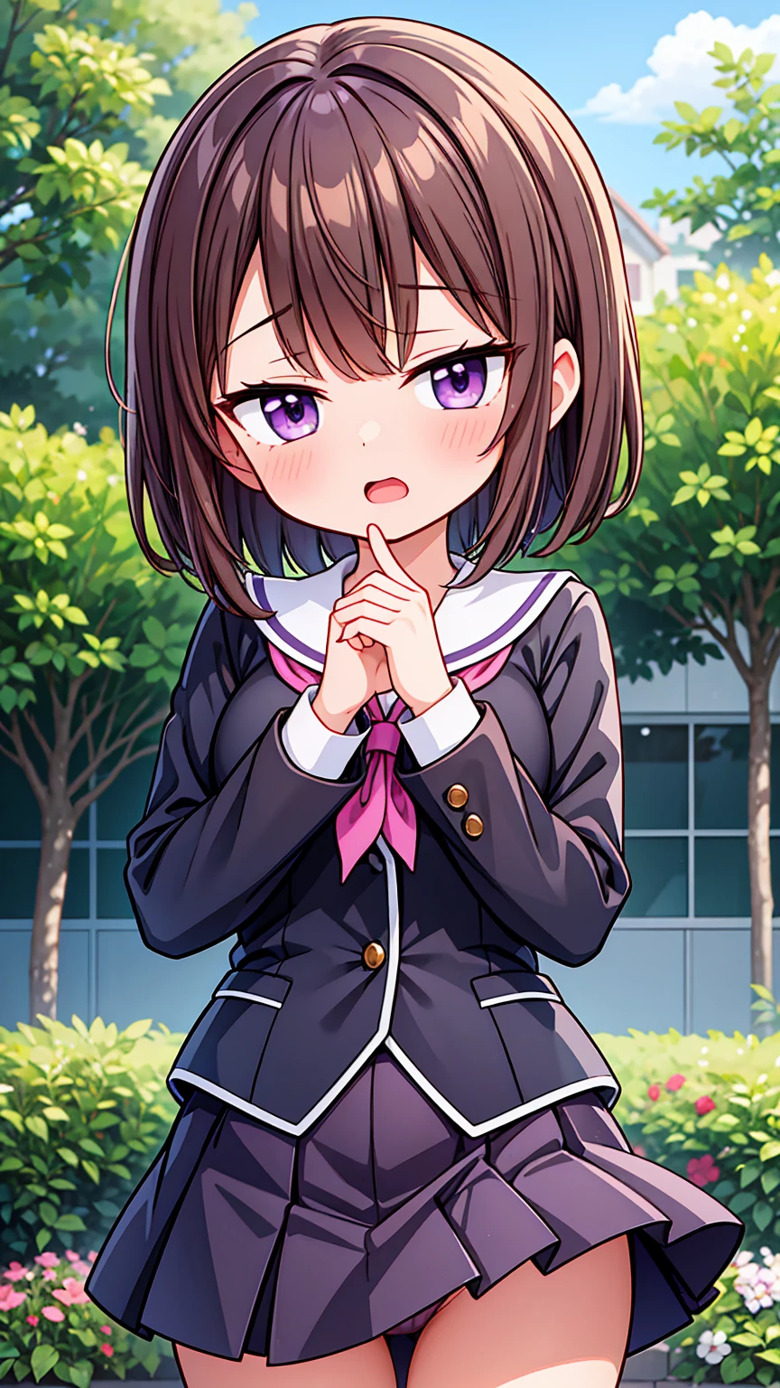 masterpiece,best quality,ultra detail, girl, short brown hair, purple eyes, short skirt, panties in sightsailor uniform,school garden, open mouth, shy, blush, detailed hands, detailed fingers, viewer's view from below, (chibi:0.6), (chibi breast:0.6), sweaty thighs