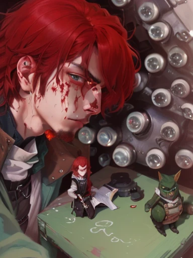 a painting of a man with red hair and a green face, by Shingei, his eyes are bleeding intense, by Felix-Kelly, by Josetsu, by Ai-Mitsu, by Bascove, by Ei-Q, by Altichiero, fanart, nostalgia guy and small creature, by Yerkaland, by Daarken