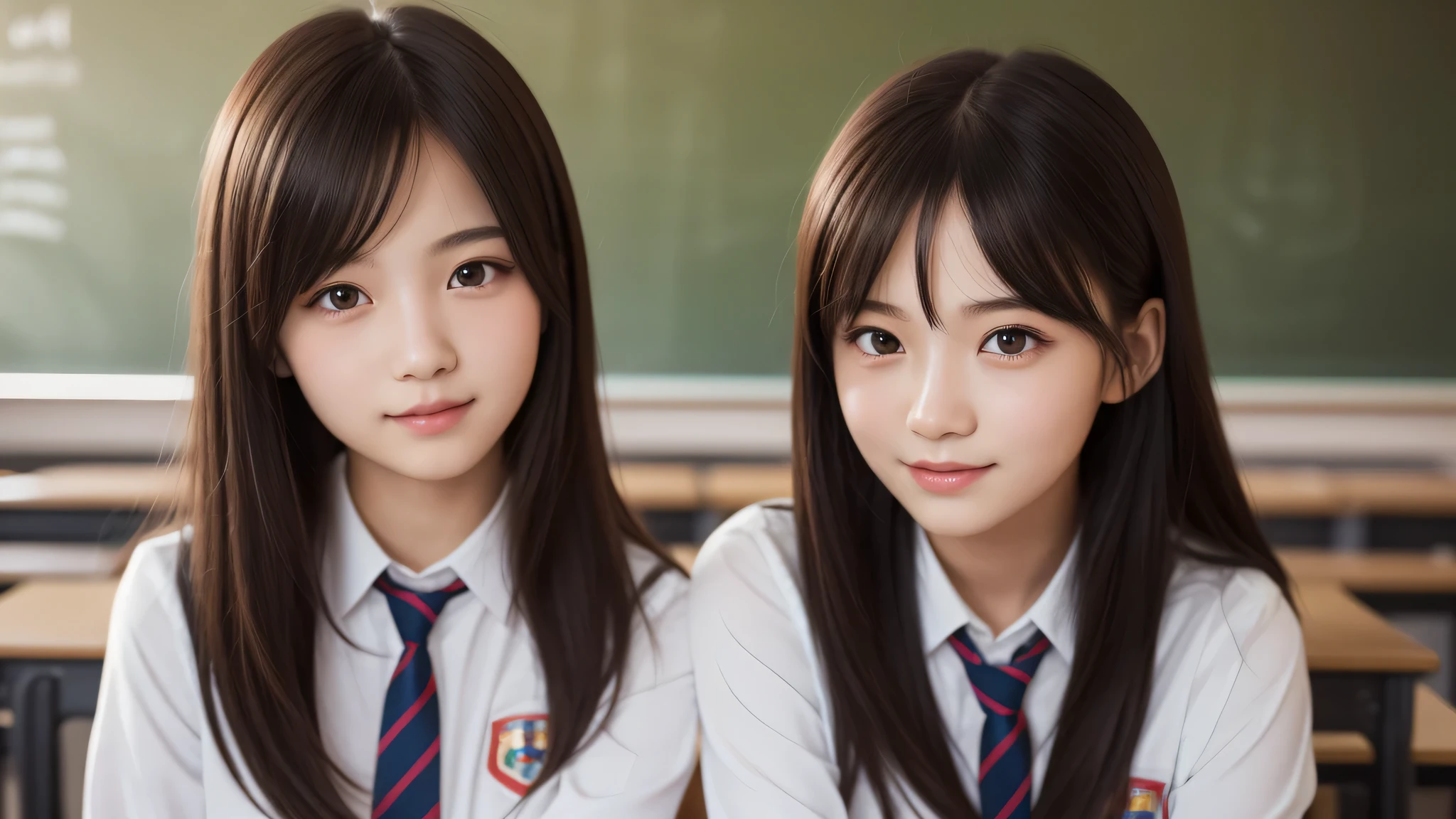 kawaii, (2girl), bob hair, smile, (high school uniform), (Best Quality:1.4), Realistic, extremely detailed CG unified 8k wallpaper, highly detailed, High-definition raw color photos, professional photography, Realistic portrait, Beautiful detailed, Close up portrait of girl, (school, classroom:1.2), (Fine face:1.2),