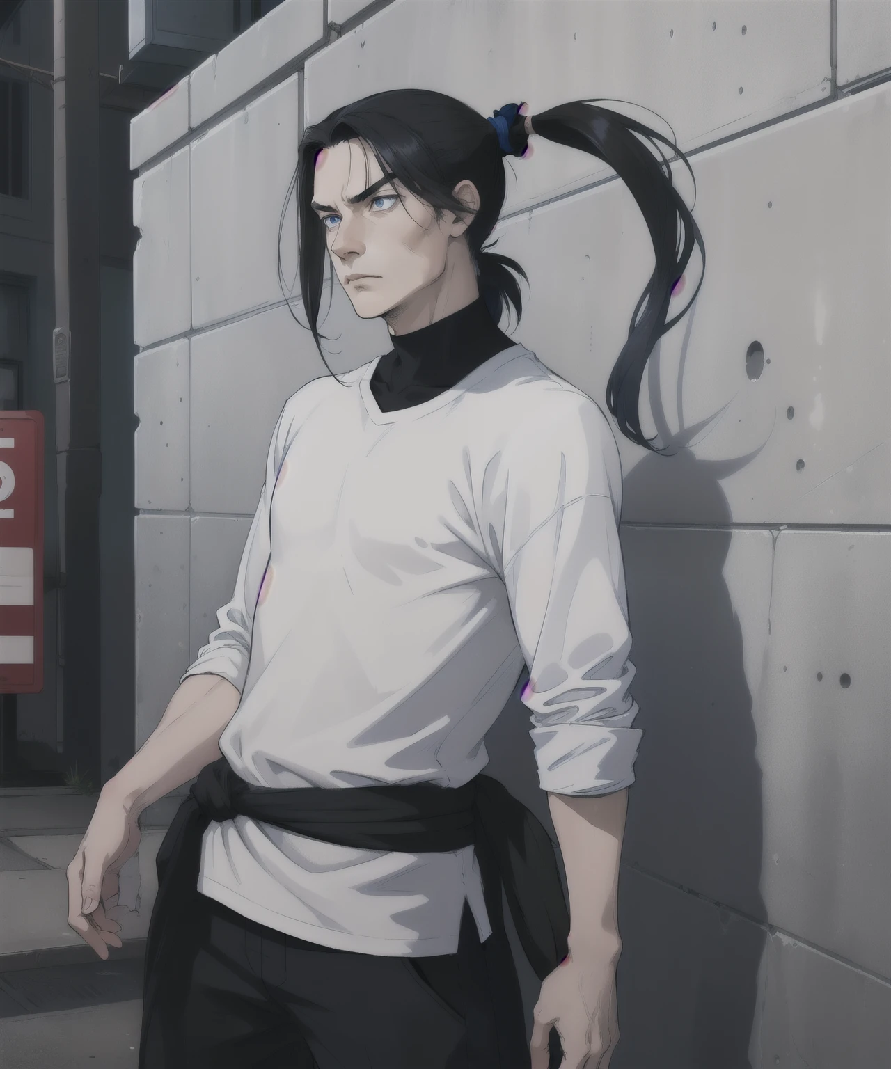 (((young man)), (((male))), intelligent, blue eyes, black hair, straight hair, long hair, dark hair bound up in a ponytail, (((ponytail))), pale skin, serious expression, urban casual clothes, Stern fase