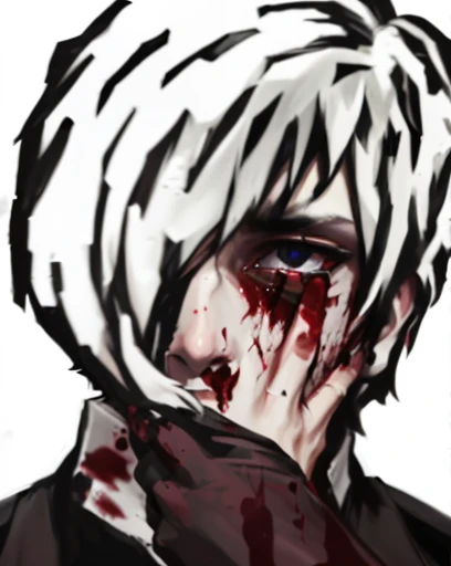 a close up of a person with a bloody face and a black and white hair, his eyes are bleeding intense, kaneki ken, ken kaneki, bloody face, clean brutal blooded face, [[blood]], bloody tears, crying tears of blood, gapmoe yandere grimdark, ghoul, blood splatter on the sides, bloody, bloody scene