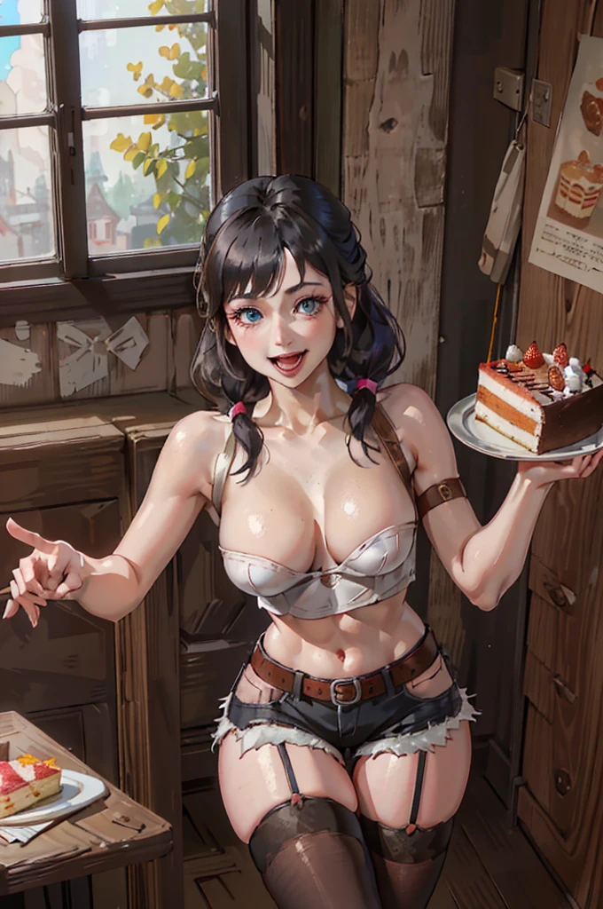 (dynamic angle:1.3, front view:1.1, breast focus:1.3, from above:1.1), (dynamic posing:1.2, sexy posing:1.2), (seductive smiling:1.3), ((looking at cake,Taking a cake out of the golden oven, worried about the outcome:1.2)),highest quality、(real、photorealistic:1.4),(ultra high resolution, 8K RAW photo, clear focus), best qualtiy, natural lighting, field depth, (Bright pupils, detailed beautiful eyes, high detailed face), Red lip, (tight focus:1.2), a girl 22yo old, Wearing a pastry chef uniform:1.3 , Thicc, thin breast, long hair, blue eyes,garter stocking, cleavage:1.2, midriff, black shorts, black thighhighs, thigh strap, pretty girl, (highly detailed beautiful face and eyes,firm breasts),real skin,((black,hair,long pony tail hair)),thin pubic hair,cute,lovely, detailed eyes,(double breasted:1.0,under bust:1.0),(with sparkling eyes and a contagious smile),open mouth, Looking at Viewer,A scene of cooking in the kitchen,looking at the golden oven