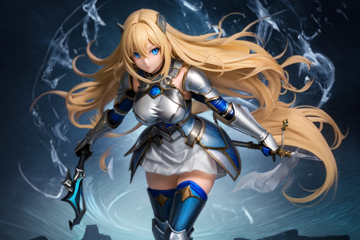 ((highest quality)), ((masterpiece)), (Get used to it), Perfect Face, The character is a blonde woman with sharp eyes, wearing blue and white armor, blue armor on the arms and legs, a white skirt, and a thin sword in one hand. The background is light-colored.