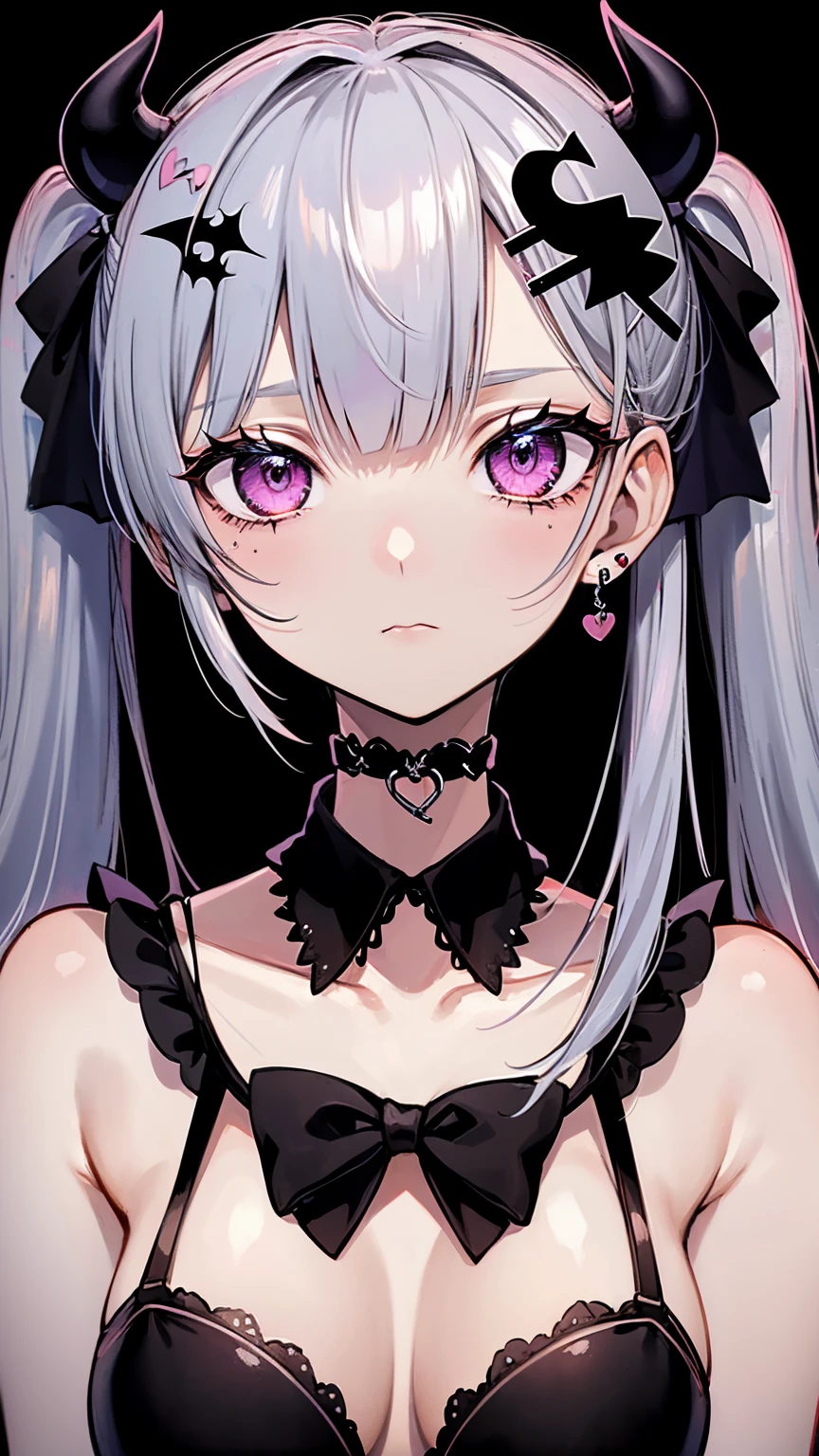 masterpiece, Raw photo，photorealism，High resolution，highest quality，High resolution, perfect composition, perfect face, perfect body, 16k，cinematic lighting，silver hair，Succubus，whip，latex，black，Charm，Demon's Castle Background、clavicle visible devil costume、close up of face、twin tails、close up of face、clavicle、earrings、